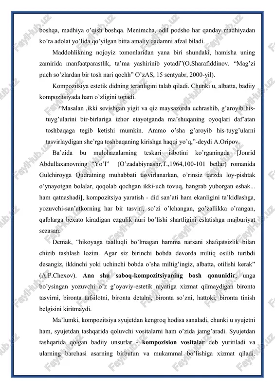 siz birinchi bobda devorda miltiq osilib turibdi desangiz, ikkinchi yoki uchinchi bobda o’sha miltig’ingiz, albatta, otilishi kerak” (a.p.chexov). ana shu saboq-kompozitsiyaning bosh qonunidir, unga bo’ysingan yozuvchi o’z g’oyaviy-estetik niyatiga xizmat qilmaydigan bironta tasvirni, bironta tafsilotni, bironta detalni, bironta so’zni, hattoki, bironta tinish belgisini kiritmaydi. ma’lumki, kompozitsiya syujetdan kengroq hodisa sanaladi, chunki u syujetni ham, syujetdan tashqarida qoluvchi vositalarni ham o’zida jamg’aradi. syujetdan tashqarida qolgan badiiy unsurlar - kompozision vositalar deb yuritiladi va ularning barchasi asarning birbutun va mukammal bo’lishiga xizmat qiladi. shuning uchun ham kompozitsiyani adabiy asarga tugallik va yaxlitlik baxshida etuvchi, yakunlovchi adabiy-badiiy shakl deb yuritadilar. kompozision vositalardan ba’zilarini hukmingizga havola qilamiz. 1. asar sarlavhasi. “aniqlik va qisqalik nasrning birinchi ustunligidir. u fikrni, fikrni talab etadi, busiz go’zal ifoda hyech narsaga xizmat qilmaydi” ekan, asar sarlavhasi bir yoki bir necha so’zda ifodalanishi, yuzlab sahifalarga sochilgan mazmunni o’zida aniq jamg’arishi, nomlanishidanoq o’quvchini o’ziga jalb qilishi lozim. bu judayam azobli ish, …
