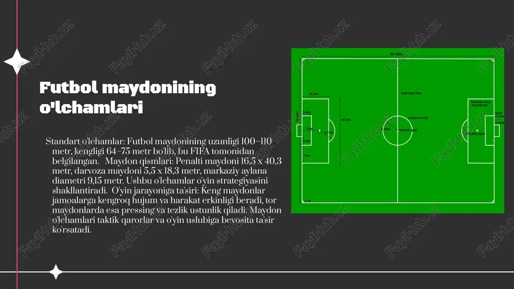 butun hajmi bilan darvoza chizig‘idan o‘tganida gol deb hisoblanadi. hakamlar va yordamchi texnologiyalar (var) ushbu holatni aniqlaydi. e’tibor berilishi kerak bo‘lgan jihatlar: gol urilgan paytda futbolchining ofsayd holati, qoidabuzarlik yoki qo‘l bilan teginish holatlari tekshiriladi. o‘yin natijasini aniqlashda gollar: jamoalarning jami gollari yakuniy natijani belgilaydi. bahsli vaziyatlarda videonazorat tizimi yordamida to‘g‘ri qaror qabul qilinadi. xulosa futbol maydonining tuzilishi, o‘lchamlari, o‘yinchilar roli, jihozlar va ochkolar tizimi – adolatli hamda xavfsiz o‘yin uchun asosiy omillardir. bu elementlarning har biri futbol o‘yini sifatiga va jamoaning muvaffaqiyatiga bevosita ta’sir ko‘rsatadi. futbol maydonining tuzilishi va o‘lchamlari o‘yin jarayonini belgilaydi hamda o‘yin sifati va adolatini ta’minlaydi. o‘yinchilar soni va ularning roli jamoaviy muvaffaqiyat uchun muhim ahamiyatga ega. to‘g‘ri taqsimot natijaga ta’sir qiladi. jihozlar va standartlar xavfsiz hamda adolatli o‘yinni ta’minlaydi. ochkolar va gollar tizimi natijani aniqlashda asosiy ahamiyatga ega. e'tiboringiz uchun rahmat! image3.png image4.png image5.png image6.png image8.png image1.png image2.png image9.jpg image10.jpeg image11.jpeg image12.jpeg image7.png