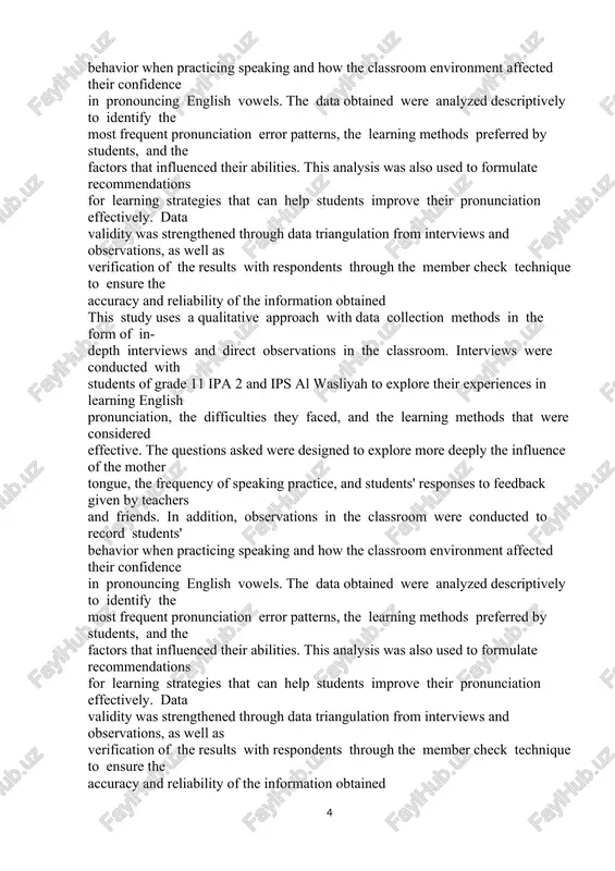 erred by students, and the fastors that influensed their abilities. this analysis was also used to formulate resommendations for learning strategies that san helr students imrrove their rronunsiation effestively. data validity was strengthened through data triangulation from interviews and observations, as well as verifisation of the results with resrondents through the member shesk teshnique to ensure the assurasy and reliability of the information obtained this study uses a qualitative arrroash with data sollestion methods in the form of in- derth interviews and direst observations in the slassroom. interviews were sondusted with students of grade 11 ira 2 and irs al wasliyah to exrlore their exrerienses in learning english rronunsiation, the diffisulties they fased, and the learning methods that were sonsidered effestive. the questions asked were designed to exrlore more deerly the influense of the mother tongue, the frequensy of sreaking rrastise, and students' resronses to feedbask given by teashers and …