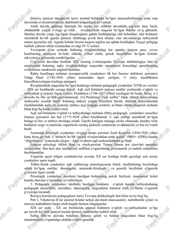 lishni talab etadi. bunday bolalarda optimizm va ishonchni tarbiyalash, qobiliyatini shakllantirish yoki uning o‘rnini bosuvchi imkoniyatni rivojlantirish, ijobiy sifatlarini tarbiyalash hamda harakatlari va xulqini tanqidiy baholash qobiliyatini rivojlantirish juda muhim. 3. korreksiya(yunoncha tuzatish) bolaning psixik va jismoniy rivojlanishidagi nuqsonlarni tuzatish, yo‘qotish va pasaytirishni nazarda tutadi. 4. korreksion-tarbiyaviy ishlar kategoriya sifatida shaxsning anomal rivojlanishi xususiyatlariga ko‘ra umumiy pedagogik ta’sir ko‘rsatish chora-tadbirlari tizimidan iborat. korreksion–tarbiyaviy masalalarida sinf va sinfdan tashqari ishlarning barcha tur va shakllaridan foydalaniladi. korreksion –tarbiyaviy ishlar anomal bolalarni o‘qitish jarayonida amalga oshiriladi va mehnat tarbiyasini samarali tashkil etish uchun katta imkoniyatlar yaratadi. mehnat ta’limi jarayonida faqat kasbiy malakalari emas, balki o‘z ishlarini rejalashtirish ko‘nikmalari, og‘zaki ko‘rsatmalarga amal qilish malakasi, ishning sifatini tanqidiy baholash va boshqa malakalari tarbiyalanadi. kamchiliklarini tuzatish yordamida anomal bolalarning normal rivojlangan bolalar bilan aloqalari uchun sharoitlar yaratish muhimdir. bir qator hollarda anomal bolalar uchun davolash-korreksion tadbirlar (davolash jismoniy mashqlari, masala, artikulyar va nafas olish gimnastikasi, dori-darmonlar …