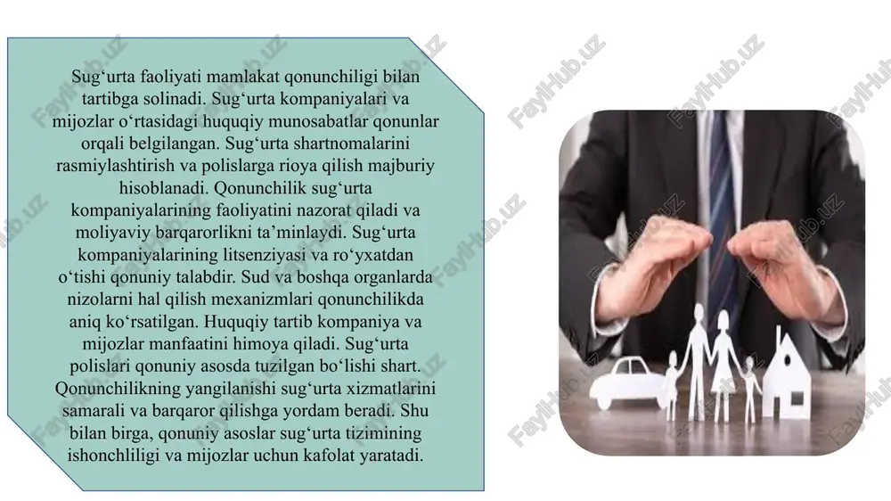 oblashda qaysi vositalardan foydalaniladi? sug‘urta polislari mijozlar uchun qanday ahamiyatga ega? kutilayotgan qoplamalar hajmi moliyaviy rejalashtirishda nima beradi? sug‘urta kompaniyalarida statistik tahlil qanday vazifani bajaradi? moliyaviy barqarorlikni ta’minlashda sug‘urta hodisasi va qoplamalar qanday rol o‘ynaydi? sug‘urta qoplamalarini aniqlash natijalari kompaniya strategiyasiga qanday ta’sir qiladi? “ha yoki yo‘q” test savollari 1. sug‘urta tizimi moliyaviy xavflardan himoya qilish uchun mo‘ljallangan. ha / yo‘q 2. sug‘urta shartnomasi faqat korxonalar uchun tuziladi. ha / yo‘q 3. sug‘urta polisi shartnomani rasmiylashtirishning asosiy hujjati hisoblanadi. ha / yo‘q 4. sug‘urta summasi yetarli bo‘lmasa, moliyaviy xavflar qoplanadi. ha / yo‘q 5. ijtimoiy sug‘urta faqat pensiya uchun amal qiladi. ha / yo‘q 6. elektron polislar rasmiylashtirish jarayonini tezlashtiradi. ha / yo‘q 7. sug‘urta tizimi iqtisodiy barqarorlikni ta’minlashga xizmat qiladi. ha / yo‘q 8. sug‘urta kompaniyalari faqat huquqiy hujjat bilan shug‘ullanadi, jamg‘armalarni shakllantirmaydi. ha / yo‘q 9. sug‘urtaning moliyaviy va ijtimoiy funksiyalari mavjud. ha / yo‘q 10. innovatsion sug‘urta …