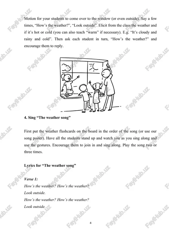 worksheet to finish off this section of the lesson, give out the worksheets. as your students are doing the worksheets, ask questions (e.g. “what is that?”, etc.). 2. introduction to weather (10 minutes): ⦁ ask the central question: "what is the weather?" encourage students to share their ideas. ⦁ write "weather" on the board. explain that weather is the condition of the air outside at a particular time and place. ⦁ introduce key vocabulary: sunny, cloudy, rainy, snowy, windy, stormy. show corresponding pictures/flashcards. 3. exploring different weather types (15 minutes): ⦁ activity 1: picture matching: (if using worksheets) distribute worksheets with pictures of different weather types and have students match them to the correct vocabulary words. ⦁ activity 2: describing the weather: show a picture of a specific weather type. ask students to describe what they see and how it might feel. encourage them to use the new vocabulary. ⦁ …