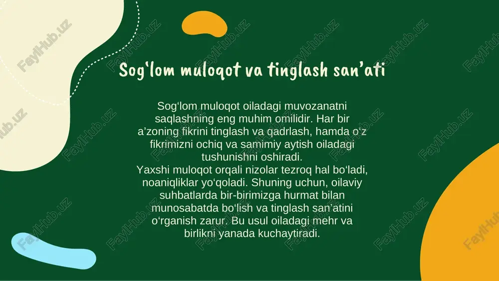 shga birgalikda yondashish oila bog‘ini yanada mustahkamlaydi. shunday yo‘l bilan oila nafaqat qiyinchiliklarni yengib o‘tadi, balki yanada yaqinlashadi va baxtli bo‘ladi. xulosa sog‘lom turmush tarzi oilaning baxt va barqarorligini ta’minlaydi. birga sport bilan shug‘ullanish faqat jismoniy salomatlikni yaxshilamaydi, balki oila a’zolarining birga vaqt o‘tkazishlarini yanada qiziqarli va samarali qiladi.sog‘lom ovqatlanish va muntazam dam olish stressni kamaytirib, ruhiy holatni mustahkamlaydi. bunday odatlarni oilaviy hayotga kiritish oila a’zolarining o‘zaro mehrini oshiradi va umumiy baxt hamda farovonlikni ta’minlaydi. bu esa oilani yanada yaqinlashtiradi va mustahkamlaydi. eʼtiboringiz uchun raxmat!