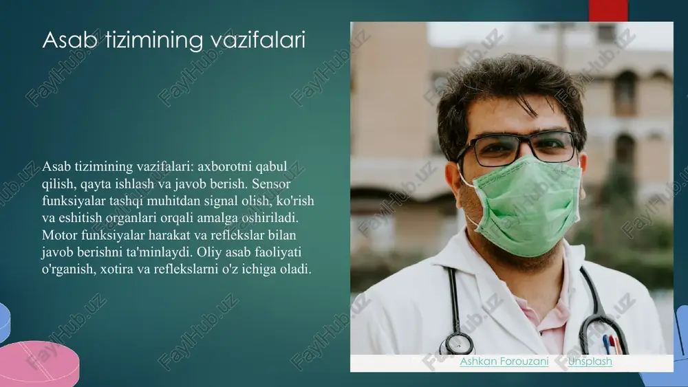 rik bo'limlar, vazifalari. oliy asab faoliyatlari: bilish, his-tuyg'u, harakat va ijtimoiy roli. shartli reflekslar: ta'rifi va rivojlanishi. ularning hayotdagi o'rni. sog'liq va rivojlanish uchun muhim. ilhomlantiruvchi fikr yoki chaqiriq bilan yakunlanadi. xulosa photo by ashkan forouzani on unsplash foydalanilgan adabiyotlar 1. sobirov, j. asab tizimining asosiy bo'limlari va vazifalari. o'zbekiston milliy universiteti ilmiy nashriyoti, 2018. 2. qodirov, s. shartli reflekslar va ularning rivojlanish mexanizmlari. o'zbekiston psixologiya jamiyati nashri, 2020. 3. bekchanov, a. oliy asab foliyatlarining tiplari va funktsiyalari. tashkent davlat universiteti matbuot xizmati, 2019. 4. yusupov, m. asab tizimi va reflekslar. tashkent: fan va texnologiya nashriyoti, 2017. 5. akromov, s. oliy miya faoliyatlari va ularning rivojlanishi. o'zbekiston tibbiyot akademiyasi nashri, 2021. image6.png image7.png image8.png image9.png image19.jpg image10.png media1.mp4 image20.png image11.png image12.png image13.png image14.png image2.png image3.png image4.png image5.png