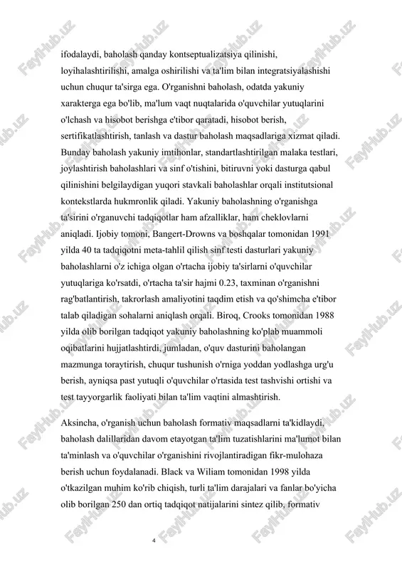 ganishni baholash, odatda yakuniy xarakterga ega bo'lib, ma'lum vaqt nuqtalarida o'quvchilar yutuqlarini o'lchash va hisobot berishga e'tibor qaratadi, hisobot berish, sertifikatlashtirish, tanlash va dastur baholash maqsadlariga xizmat qiladi. bunday baholash yakuniy imtihonlar, standartlashtirilgan malaka testlari, joylashtirish baholashlari va sinf o'tishini, bitiruvni yoki dasturga qabul qilinishini belgilaydigan yuqori stavkali baholashlar orqali institutsional kontekstlarda hukmronlik qiladi. yakuniy baholashning o'rganishga ta'sirini o'rganuvchi tadqiqotlar ham afzalliklar, ham cheklovlarni aniqladi. ijobiy tomoni, bangert-drowns va boshqalar tomonidan 1991 yilda 40 ta tadqiqotni meta-tahlil qilish sinf testi dasturlari yakuniy baholashlarni o'z ichiga olgan o'rtacha ijobiy ta'sirlarni o'quvchilar yutuqlariga ko'rsatdi, o'rtacha ta'sir hajmi 0.23, taxminan o'rganishni rag'batlantirish, takrorlash amaliyotini taqdim etish va qo'shimcha e'tibor talab qiladigan sohalarni aniqlash orqali. biroq, crooks tomonidan 1988 yilda olib borilgan tadqiqot yakuniy baholashning ko'plab muammoli oqibatlarini hujjatlashtirdi, jumladan, o'quv dasturini baholangan mazmunga toraytirish, chuqur tushunish o'rniga yoddan yodlashga urg'u berish, ayniqsa past yutuqli o'quvchilar o'rtasida test tashvishi ortishi va test tayyorgarlik faoliyati …