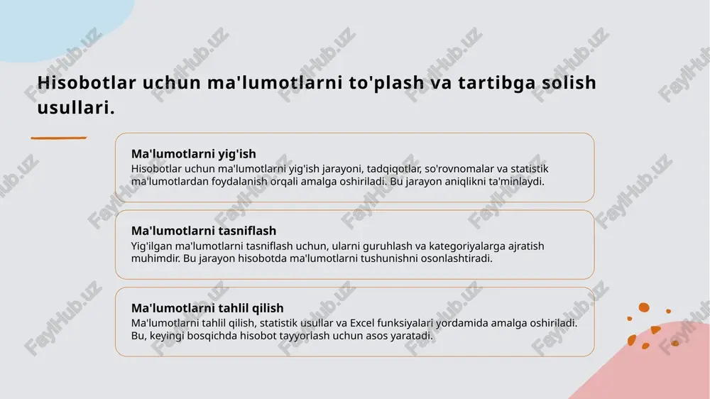 a qiyinchiliklari turli manbalardan ma'lumotlarni birlashtirishda muammolar yuzaga kelishi mumkin. excelda ma'lumotlarni import qilish va ulashish jarayoni vaqt talab qilishi va murakkab bo'lishi mumkin. xulosa excelda hisobot tayyorlashning ahamiyati excelda hisobot tayyorlash jarayoni ma'lumotlarni to'plash, tahlil qilish va vizuallashtirishni o'z ichiga oladi. bu, qarorlar qabul qilish jarayonini sodda qiladi. ma'lumotlarni samarali taqdim etish hisobotlarni tayyorlashda ma'lumotlarni samarali tartibga solish va formatlash muhimdir. bu, auditoriya uchun tushunarli va jozibador hisobotlarni yaratadi. excelda yechimlar va misollar turli sohalarda excel yordamida hisobot tayyorlashda yuzaga keladigan muammolarni hal qilish usullari mavjud. misollar yordamida bu jarayonni osonlashtirish mumkin. e'tiboringiz uchun rahmat!