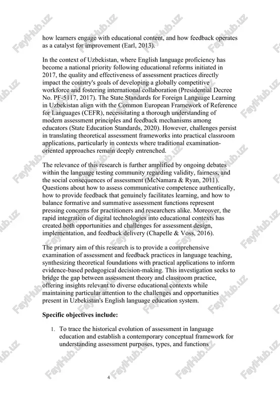 essment frameworks into practical classroom applications, particularly in contexts where traditional examination-oriented approaches remain deeply entrenched. the relevance of this research is further amplified by ongoing debates within the language testing community regarding validity, fairness, and the social consequences of assessment (mcnamara & ryan, 2011). questions about how to assess communicative competence authentically, how to provide feedback that genuinely facilitates learning, and how to balance formative and summative assessment functions represent pressing concerns for practitioners and researchers alike. moreover, the rapid integration of digital technologies into educational contexts has created both opportunities and challenges for assessment design, implementation, and feedback delivery (chapelle & voss, 2016). the primary aim of this research is to provide a comprehensive examination of assessment and feedback practices in language teaching, synthesizing theoretical foundations with practical applications to inform evidence-based pedagogical decision-making. this investigation seeks to bridge the gap between assessment theory and classroom practice, offering …