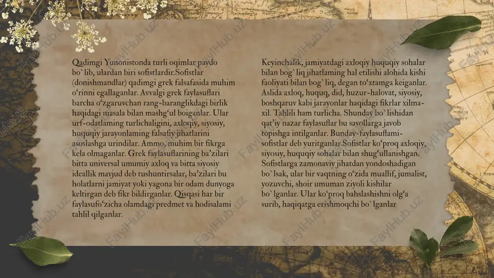 sezgi organlarimizda ifodalangan narsalar paydo bo‘lishi va yo‘qolishi bu doimiy o'zgaruvchan emasligidir. eng oliy g‘oya bu xudo to‘g‘risidagi g‘oyadir. bu narsa idealizm bilan dinning birligini ko‘rsatadi. platon “ideal davlat” ta’limotini ma’qullab, uni uch tabaqaga: 1) davlatni idora qiluvchi faylasuflar,-dono; 2) davlatni ichki va tashqi dushmanlardan asrovchi qo‘riqchi askarlar-jasoratli; 3) jismoniy mehnat bilan shug‘ullanuvchi dehqonlar, hunarmandlar itoatkorlarga bo‘ladi. gorgiy taxminan miloddan avvalgi 483-375-yillarda yashagan va mashhur notiq edi. uning “tabiat to‘g‘risida yoki mavjud bo`lmagan narsa to‘g‘risida”, “palamedni yoqlab” asarlari bo`lgan. frasimax sokrat zamondoshidir. miloddan oldingi 470-yillar atrofida tug’ilgan, deb taxmin qilinadi. frasimax o‘zining huquq va adolat to‘g‘risidagi qarashlari bilan barchani lol qoldirgan. huquq zo‘rlarga xizmat qiladigan narsadir. huquq bu kuch qudratdir. bunday tushunchaga zid keladigan fikr ahmoqona go`llikning o‘zi xolos deya, ta’kidlagan u. gretsiya falsafasining yana bir vakili rimlik piy lukretsiy kar(99-55)dir. u epikur ta’limotini davom ettirdi. qadimgi materialistlar singari lukretsiy ham materiyaning obyektivligini ilmiy ravishda tushunish darajasiga yetmadi. lukretsiy narsalaming …