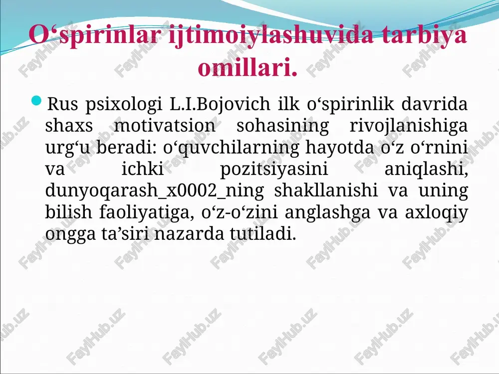 o’rganadigan jismoniy taraqqiyot, psixologiya o’rganadigan ongli «men»ning rivojlanishi, ijtimioy fanlar o’rganadigan ijtimoiy rivojlanish. taraqqiyotning asosiy qonuni — «epigenetik prinsip» bo’lib, rivojlanishning har bir yangi bosqichida oldingi bosqichlarda bolmagan yangi hodisa va xislatlar paydo boladi. taraqqiyotning yangi fazasiga olish «normativ inqiroz» shaklida oladi, u tashqaridan patologik hodisaga o‘xshaydi, lekin o‘sishning normal qiyinchiliklarini ifodalaydi personologik yo‘nalish vakillari, jumladan e.shprangerning ta’kidlashicha, bu davrdagi asosiy o‘zgarishlar: shaxsiy «men»ni kashf qilish, refleksiyaning o‘sishi, o'zining individualligini anglash va shaxsiy xususiyatlarini e’tirof etish, hayotiy ezgu rejalarning paydo bolishi, o‘z shaxsiy turmushini ongli holda qurishga intilish va hokazolardir. shpranger o‘spirinlikni ikki davrga boladi. birinchi davr 14—17 yoshlarda vujudga keladigan inqiroz o‘spirinlarda o‘zlarini kattalarning bolalarcha munosabati doirasidan qutulish tuyg‘usi paydo bolishidan iboratdir. 17—21 yoshlilarning asosiy xususiyati ularda tengqurlaridan «ajralish» inqirozi va tanholik istagining paydo bolishidir. kognitivistik yo‘nalishning asoschilari qatoriga j.piaje, dj.kelli, l.kolberg, d.bromley, dj.birrer, a.vallon, g.grimm va boshqalarni kiritish mumkin. j.piajening intellekt nazariyasi aql-idrok funksiyalari hamda uning davrlari haqidagi …