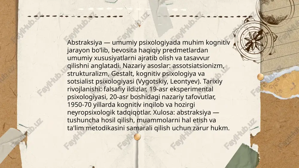 uh talabasi ubaydullayev avaz ning umumiy psixologiya fanidan tayyorlagan taqdimoti oʻqituvchi: ramazonov.j.d abstraksiya tushunchasi. xulosa va hukm. mavzu bo‘yicha tahliliy taqdimot. ubaydullayev avaz e'tiboringiz uchun raxmat! image1.png image2.png image3.png image4.jpg image5.png image6.jpg image7.jpg /docprops/thumbnail.jpeg