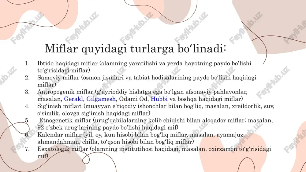 aydo boʻlishi bilan boshlanadi. oxir-oqibat, izanagi va izanami aka-uka va opa-singillar bo'lib, ularga sovg'a qilingan ame-no-nuhoko ("samoviy marvaridli nayza") ismli zargarlik buyumlari bilan bezatilgan naginatadan foydalanishdi. izanagi yaponiya arxipelagining birinchi orollarini naginatani dastlabki suvlarga botirib yaratdi. tarixchilar izanagining birinchi yapon oroli onogoroni yaratganligi haqidagi afsonani yapon mifologiyasidagi phallotsentrizmning dastlabki namunasi sifatida izohladilar xulosa dunyo xalqlari mifologiyasi insoniyat tarixining eng qadimgi madaniy qatlamlaridan biri bo‘lib, turli xalqlarning dunyoqarashi, e’tiqodi va qadriyatlarini aks ettiradi. miflar orqali ajdodlarimiz tabiat hodisalarini tushuntirgan, olamning kelib chiqishi, xudolar va qahramonlar haqidagi tasavvurlarini ifodalagan. har bir xalqning mifologiyasi o‘ziga xos bo‘lishiga qaramay, ular orasida umumiy jihatlar mavjud. masalan, ko‘pgina miflarda dunyoning yaratilishi, yaxshilik va yomonlik o‘rtasidagi kurash, qahramonlarning jasorati kabi mavzular uchraydi. yunon, rim, misr, skandinaviya, hind, xitoy va turk mifologiyalarida turli xudolar, qahramonlar va afsonaviy mavjudotlar tasvirlangan bo‘lib, ular xalq madaniyati va san’atida katta o‘rin tutadi. e’tiboringiz uchun rahmat! image1.png image2.png image3.png image4.png image5.png