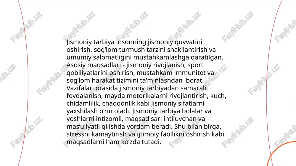dil intensivlikdagi aerobika bilan shug‘ullanishlari lozim. jins va yoshga qarab moslashtirilgan dasturlar sog‘liqni saqlashni optimallashtiradi. ... t.me/slaydai_bot 9. harakat ko‘nikmalarini shakllantirish jarayonida bolalarda asosiy harakatlar, muvozanat saqlash va koordinatsiya qobiliyatlari rivojlanadi. bu jarayon odatda 3-7 yosh oralig‘ida muhim ahamiyat kasb etadi. ushbu yoshda bolalar yurish, yugurish, sakrash, chopish kabi asosiy harakatlarni o‘zlashtiradi. tadqiqotlarga ko‘ra, 85% bolalar 6 yoshga kelib murakkab harakatlarni bajarish qobiliyatiga ega bo‘ladi. harakat ko‘nikmalarini shakllantirish uchun jismoniy mashg‘ulotlar va qo‘llanmalar yordamida rivojlanishni qo‘llab-quvvatlash lozim. o‘yinlar orqali mashqlar bajarish ham ko‘nikmalarni mustahkamlashga yordam beradi. yaxshi tashkil etilgan muhit va ijtimoiy faoliyat bolaning o‘zlashtirish qobiliyatini oshirishga ijobiy ta'sir ko‘rsatadi. ... t.me/slaydai_bot 10. jismoniy mashqlarning ijtimoiy-psixologik aspektlari jismoniy mashqlar insonning ijtimoiy va psixologik holatiga ijobiy ta'sir ko'rsatadi. ular stressni kamaytiradi, kayfiyatni ko'taradi va o'zini yaxshi his qilishni oshiradi. ushbu mashqlar ijtimoiy integratsiyani kuchaytiradi, chunki ular ko'pincha guruhda yoki jamoada bajariladi. ma'lumotlarga ko'ra, muntazam ravishda jismoniy faollikka ega bo'lgan odamlar 25%ga …