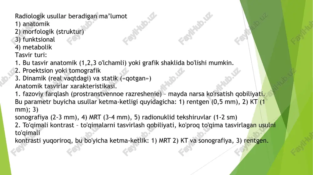 ik (yoki homiladorlikni rejalashtirayotgan ayollar). kontrast moddalariga sezuvchanlik. afzalliklari: yuqori aniqlikda ichki organlarning tasvirini olish. organlarning aniq holatini ko'rsatish. kamchiliklari: yuqori radiatsiya dozasi (ayniqsa, takroriy tekshiruvlarda). qimmat va murakkab usul. 6. spiral kompyuter tomografiyasi (skt) ta'rif: skt — bu kt usulining rivojlangan shakli bo'lib, spiral tarzda kesilgan tasvirlar olish imkonini beradi, bu esa tezroq va aniqroq natijalar beradi. ko'rsatmalar: ichki organlar va tomirlarni tekshirish. katta hajmdagi tutilgan joylar yoki patologiyalarni aniqlash. qarshi ko'rsatmalar: homiladorlik. agar bemor uzoq vaqt davomida radiatsiya olishga qarshi immunitetga ega bo'lsa. afzalliklari: yuqori tezlik va aniq natijalar. organlarning 3d tasvirlarini olish imkoniyati. kamchiliklari: ko'proq radiatsiya dozasiga olib kelishi mumkin. qimmat va maxsus texnik xizmatni talab qiladi. 7. ko'p qatlamli spiral kompyuter tomografiya (mskt) ta'rif: mskt — bu skt usulining yanada rivojlangan shakli bo'lib, bir nechta tasvirlarni bir vaqtning o'zida olish imkonini beradi va yanada yuqori aniqlikda natijalar beradi. ko'rsatmalar: kasalliklarni chuqur va keng ko'lamda tekshirish. tomir …
