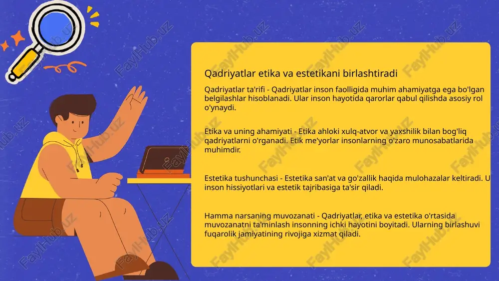 il qiladigan fan bo'lib, u insoniyatning axloqiy, estetik va boshqa qadriyatlarini qamrab oladi qadriyatlar va ularning ahamiyati - qadriyatlar shaxsiy va jamoa xulq-atvorini belgilaydi. ular jamiyatda adolat va tinchlikni ta'minlashda muhim rol o'ynaydi qadriyatlar inson hayotida muhim rol o'ynaydi qadriyatlar ta'rifi qadriyatlarning turlari qadriyatlar va munosabatlar aksiologiya orqali qadriyatlar mohiyatini anglash mumkin aksiologiya tushunchasi - aksiologiya qadriyatlarni o‘rganadigan fan sifatida, inson hayotida muhim o‘rin tutadi. qaror va amallarimizda qadriyatlar asosiy yo‘l ko‘rsatkichiga aylanadi. qadriyatlarni aniqlash - qadriyatlar insonlarning xulq-atvorini va ijtimoiy munosabatlarini belgilaydi. ular madaniyat va an'analarga bog'liq holda shakllanadi. moral qadriyatlar jamiyatda tartibni ta'minlaydi axloqiy qadriyatlar - axloqiy qadriyatlar odamlar o'rtasida ijtimoiy muhitni tashkil etadi. ular insonlarning xulq-atvorini belgilaydi va munosabatlarini boshqaradi. jamiyatda tartib - tartibni saqlash uchun axloqiy qadriyatlar muhimdir. ular noqonuniy faoliyatlarning oldini olishga yordam beradi va ish faoliyatining samaradorligini oshiradi. o'zaro hurmat - moral qadriyatlar insonlar o'rtasida o'zaro hurmatni oshiradi. bu hamda qo'shnichilik munosabatlarini yaxshilaydi va …
