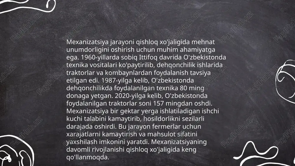 r misol, telemeditsina xizmatlari orqali masofaviy tibbiy maslahatlar tezlik bilan o'sib, uzoq joylarda yashovchi aholiga sog'liqni saqlash xizmatlarini osonlashtirmoqda. bu texnologiyalar kelajakni shakllantirishda asosiy vositalar bo'ladi. ... t.me/slaydai_bot 2023-yilda oʻzbekistonda sanoat korxonalari soni 10% ga koʻpaydi, natijada 500 dan ortiq yangi korxona ochildi. 2022-yilda sanoat ishlab chiqarish hajmi 15% ga oshib, 75 trillion soʻmni tashkil etdi. energiya isteʼmoli yil davomida 8% koʻpaydi, shu jumladan, qayta tiklanadigan energiya manbalari 12% ga ortdi. ish oʻrinlari soni 20 mingga koʻpayib, jami 150 mingdan oshdi. zavod va fabrikalar asbob-uskunalarni yangilash uchun 2 milliard aqsh dollari sarmoya kiritdi. eksport hajmi 18% ga ortib, 20 milliard dollarga yetdi. 2023-yilda yana 100 ta yangi loyiha rejalashtirilgan bu esa iqtisodiy oʻsishga ijobiy ta'sir qiladi. ... t.me/slaydai_bot 10. uchunchi sanoat inqilobi uchunchi sanoat inqilobi yoki raqamli inqilob 20-asrning ikkinchi yarmida boshlangan texnologik o‘zgarishlar davridir. bu davrda kompyuterlar, raqamli texnologiyalar va internetning keng qo‘llanilishi o‘sdi. 1969-yilda arpanet yaratildi, bu internetning …