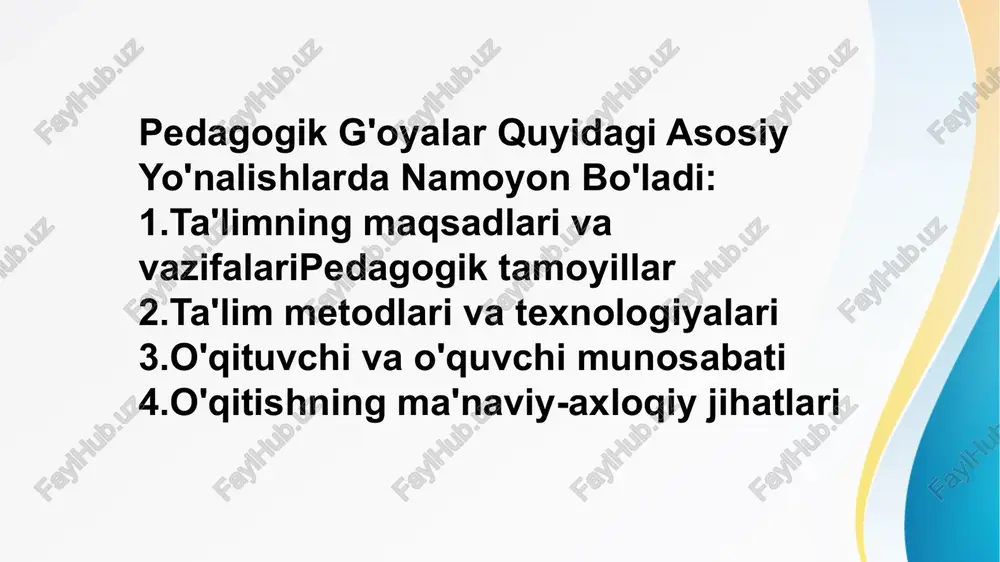 i: g'oya va ilmiy yondoshuvlar yangilandi. ta'limda insonning shaxsiyati va erkin fikrlashga katta ahamiyat berila boshlandi. jon jekson, jan-jak russo: ta'limni tabiatga va shaxsiy erkinlikka asoslash haqidagi g'oyalar. ilmiy pedagogika: pedagogikaning ilmiy asosda rivojlanishi, eksperimental yondoshuvlarning o'rni. renesans davri — 15-16 asrlarda g'arbda yuz bergan ilm-fan, san'at, adabiyot va madaniyatdagi yirik tiklanish va o'zgarishlar davri bo'lib, ta'limga bo'lgan yondoshuvda ham katta inqilobni keltirib chiqardi. bu davrda insonning shaxsiyati, erkin fikrlash va mustaqil ongning ahamiyati yuqori baholandi. jon jekson va jan-jak russo: shaxsiy erkinlik va tabiatga asoslangan ta'lim jon jekson va jan-jak russo — bu davrning mashhur pedagoglari bo'lib, ta'limni shaxsiy erkinlikka, tabiiy rivojlanishga va insonning tabiiy huquqlariga asoslash zarurligini ta'kidladilar. jan jako russo (1712–1778) va "emil" jan jako russo ta'limni inson tabiatiga asoslash zaruriyatini ta'kidlagan. uning fikricha, ta'lim insonning tabiiy rivojlanishini to'g'ri yo'naltirishi kerak. "emil" asarida russo tarbiya va ta'limni tabiat bilan uyg'unlashtirishni, bolalarga o'zlarini tabiatga nisbatan xushnud va mas'uliyatli …