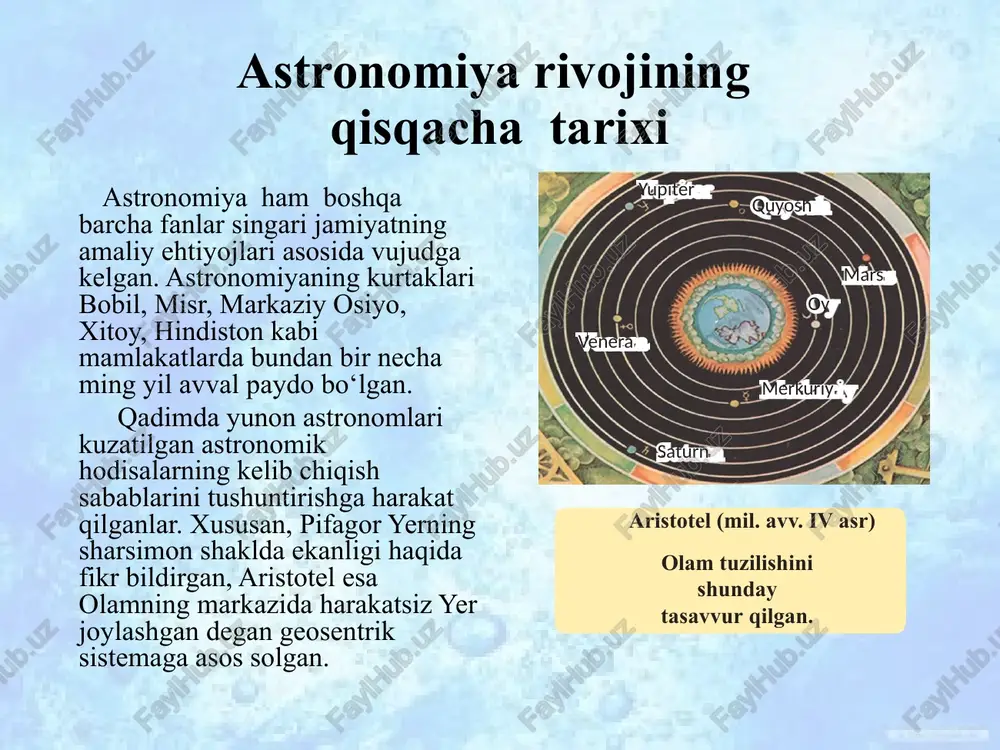 ari (uchburchak, tarozi, cho‘mich) bilan ataganlar. bugungi kunda osmon sferasi 88 qismga, ya’ni yulduz turkumiga bo‘lingan. ma’lum yulduz turkumiga kiruvchi bir necha yorug‘ yulduzlar shu turkumga yoki ba’zan qo‘shni yulduz turkumiga kiruvchi xira yulduzlarni topishda yaxshi mo‘ljal bo‘lib xizmat qiladi. osmonda ma’lum yulduz turkumini yoki yulduzni topish uchun, dastlab yulduz xaritalari va atlaslari bilan yaxshi tanishish, so‘ngra ular yordamida ancha mashq qilish zarur bo‘ladi. quyosh, oy va planetalarning sutkalik ko‘rinma harakatlari quyosh, oy va planetalarning sutkalik ko‘rinma harakatlari ham sharqdan g‘arbga tomon kuzatilib, yulduzlardan farqli o‘laroq, ularning chiqish va botish nuqtalari hamda maksimal balandliklari kun sayin o‘zgarib boradi. xususan, quyosh navro‘zda (21-martda) aniq sharq nuqtasidan ko‘tarilib, aniq g‘arbda botgani holda, keyin uning chiqish va botish nuqtalari shimol tomonga siljib boradi. bunday hol 22-iyungacha davom etib, so‘ngra chiqish va botish nuqtalari, aksincha, gorizontning janub tomoniga siljiydi. bu davrda quyoshning tush paytidagi balandligi pasaya borib, kunduz qisqaradi, tun esa, aksincha, uzayadi. planetamizning …