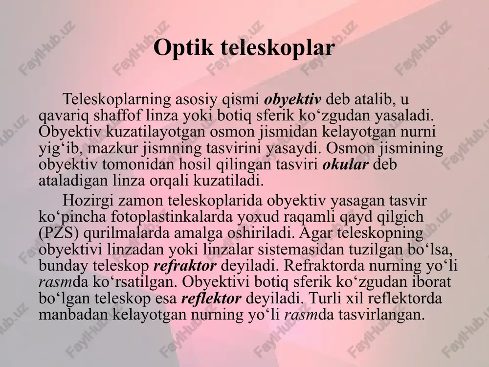 g magnit maydonida bo‘lganda, alohida spektral chiziqning bo‘laklarga bo‘linishi kuzatiladi (ayniqsa, quyosh dog‘ining yadrosiga tegishli qismida). bu hodisa zeeman effekti deb yuritiladi. zeeman effektiga ko‘ra, kuzatiladigan dog‘ sohasida magnit maydon kuchlanganligi vektorining qarash chizig‘i yo‘nalishiga nisbatan joylashganligiga qarab, spektral chiziq ikkita yoki uchta tashkil etuvchiga bo‘linadi. bunda magnit maydoni kuchlanganligining kattaligi h, hosil bo‘lgan spektral chiziqlarning chetki komponentalar to‘lqin uzunliklarining ayirmasiga δλ proporsional bo‘lib, quyidagicha topiladi: h = k δλ h , bu yerda k – proporsionallik koeffitsiyenti bo‘lib, u spektral chiziqning magnit sezgirligiga bog‘liq bo‘ladi. image2.jpeg image3.png image4.png image5.png image6.png image7.png image8.png image9.png image10.jpeg image11.png image1.jpeg /docprops/thumbnail.jpeg