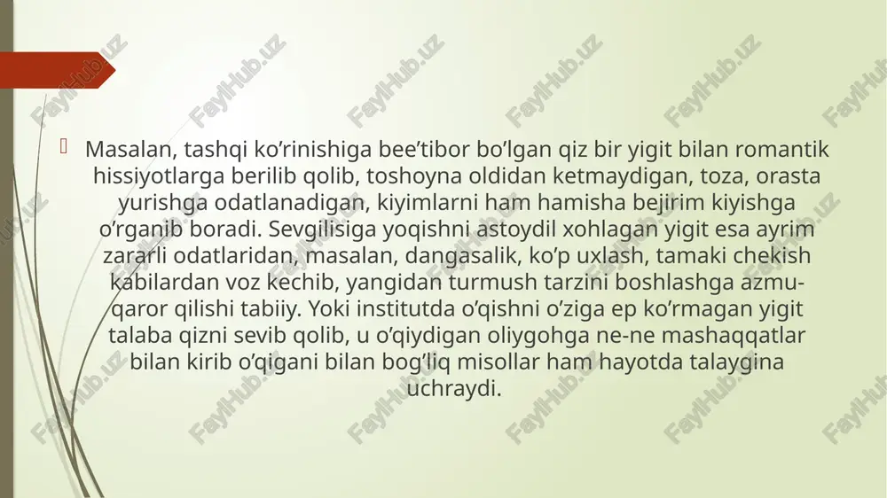 bo’lgan shaxs nima qilib bo’lsa ham suyuklisining visoliga erishmoqni ko’zlaydi. storge – do’stona, mustahkam va samimiy hisga asoslangan bir-biriga yaqin, anchadan buyon tanish bo’lgan odamlar o’rtasidagi sevgi. agape – biror obyektga nisbatan intiqlik, sabr-qanoat bilan boshdan kechirilayotgan ilohiy sevgidir. nihoyat, pragma faqat shu inson bilan yashagandagina hayotdagi barcha maqsad-muddaolariga erishish mumkinligini anglagan, hayotiy, aniq mo’ljalli, shaxsiy xudbinlikdan xoli bo’lgan toza sevgidir (e.xetfild, 2003). e`tiboringiz uchun tashakkur! image1.png image2.png image3.png image4.png image5.png image6.png image7.png /docprops/thumbnail.jpeg