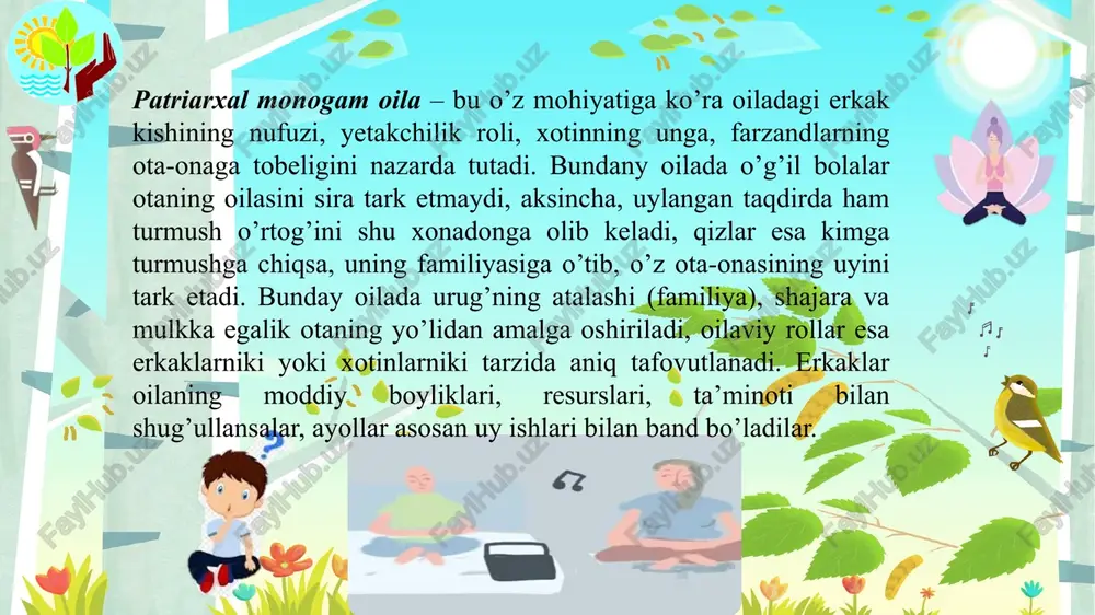 b, ularda o’rtacha 2,5 ta bola chala yetim bo’lib qoladi. bu kabi noto’liq oilalarda o’ziga yarasha ijtimoiy-iqtisodiy muammolar paydo bo’ldaiki, shu bois ham davlatimizning oila siyosatining mazmuni noto’liq oilalar sonini kamaytirishga qaratilgandir. bunda masalaning moddiy tomonidan ham uning ma’naviy-ahloqiy tomonlari bizni ko’proq tashvishga soladi. beva bo’lib qolish, yoki turmush o’rtog’ining vafoti munosabati bilan noto’liq bo’lgan oila ham ko’proq onaning farzandi bilan yolg’iz qolishidir. bunday oilalardagi ma’naviy muhit ajrim tufayli paydo bo’lgan noto’liq oilanikidan farq qiladi. o’zbek onalari bunday holatlarda otasining ruhi hurmatidan farzandlarida yuksak insoniy fazilatlarni tarbiyalashga intiladi. bunday o’ziga xoslik qator tadqiqotlarda alohida qayd etilgan (g. yadgarova, 2003). nikohdan tashqari oila 90-chi yillarda ko’paygan oila turi, unda asosan yolg’iz qolgan ayol-ona oilani tebratadi. bunday oilalar o’sha davrda rossiyada 20-21 foizni, buyuk britaniyada va frantsiyada – 32-35 foizni tashkil etgan bo’lib, ko’proq yoshgina bo’la turib ona bo’lganlar (15-19 yoshlilar) yoki aksincha, reproduktiv yoshdan o’tib qolganlar – 40-44 yoshlilar tashkil etadi. …