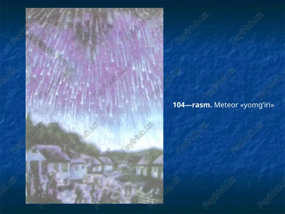 ri ma'lum bo'ladi. qolganlari quruqlikka tushadigan 150 toshning hammasi ham aholi yashaydigan joylar atrofiga tushavermaydi albatta, shuning uchun osmon «mehmonlari»ni ko'rish har kimga ham nasib bo'lavermaydi. 1947- yilning 12- fevral kuni boshqa bir osmon toshi — sixote-alinsk meteoritining tushishiga uzoq sharqdagi iman shaharchasida istiqomat qiluvchi rassom medvedev guvoh bo'ldi. uning ma'lum qilishicha, olov shar orqasidan burqsigan tutundan iz qoldirib va turli tomonlarga uchqunlar sochib, katta tezlik bilan gorizont tomonga uchdi. olov shar gorizontdan yo'qolgandan so'ng u tomondan juda kuchli portlash tovushi eshitildi. keying! yillarda bu temir meteoritni o'rganish yuzasidan uyushtirilgan ilmiy ekspeditsiyalar bu «osmon mehmoni» yer sirtiga tushishdan oldin-roq havoda parchalanganini va uning parchalaridan hosil bo'lgan voronkalar bir necha kvadrat kilometrli maydonni egallaganini aniqlashdi. hosil bo'lgan voronkalarning (o'ralarning) diametri 60 santimetrdan 28 metrgacha bo'lib, ulardan topilgan meteorit bo'laklarining og'irligi 1 kilogrammdan 70 kilogrammgachani tashkil qildi. hisoblashlar meteorit bo'laklarining umumiy og'irligi 100 tonnadan kam emasligini ko'rsatdi. birinchi bo'lib osmondan tosh tushishi …