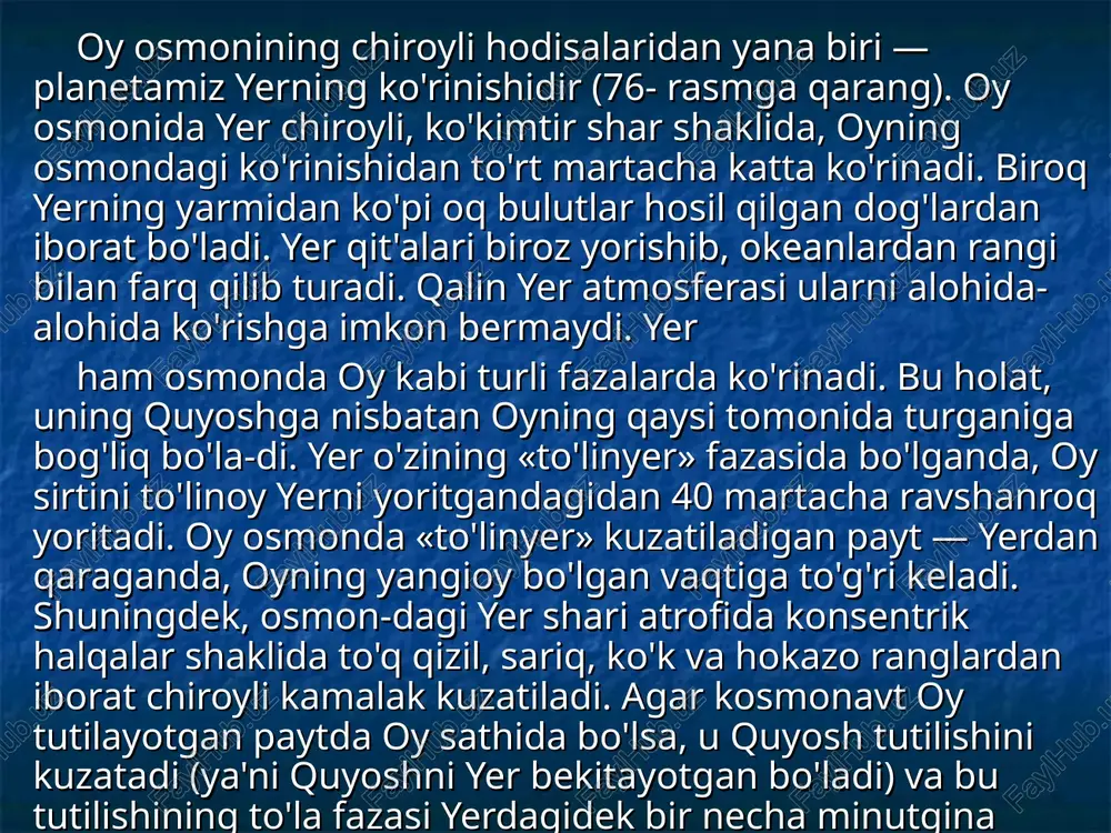 g relyefl birinchi marta 1959-yili uchirgan «luna-3» avtomatik stansiyasi olgan rasmlardan ma'lum bo'ldi va oyning to'la globusini yasash-ga imkon berdi. oy orqa tomoni­ning relyefl bizga ko'rinadigan old tomoni relyefidan biroz farq qilib, pasttekisliklar kamroq kuzatiladi. keyingi 15 yil davomida oyni kosmik apparatlar yordamida o'rganish oy «jamoli»ni yaqindan ko'rishga imkon berdi. kosmik apparatlardan «luna-l6», «luna-20» va «luna-24» oy tuprog'i-dan namunalar keltirdi. «luna-17» va «luna-21» oyga eksperimental laboratoriyalar («lunoxod-l» va «lunoxod-2»)ni eltdi. bu laboratoriyalar oyda bir necha o'n kilometrlik masofani o'tib, uning relyefl, tuprog'ining tarkibi, seysmik va vulqon hodisalarni, kosmik nurlarni hamda shu kabi ko'plab hodisalarni uzoq vaqt davomida o'rganib, qo'sh-nimizning millionlab yillar davomida saqlagan sirlarini «fosh» qildi. oydan keltirilgan tuproq namunalarining tahlili oy tuprog'i asosan to'rt xil jinslardan, ya'ni mayda donador g'ovak jinslardan, yirik donador jinslardan, brekchiya deyiluvchi minerallar siniqlaridan va regolit (mayda zarrachalar va chang)dan tashkil topganini ko'r-satdi. bulardan birinchi uch xili kimyoviy tarkibi jihatidan bir xil bo'lib, regolit esa …