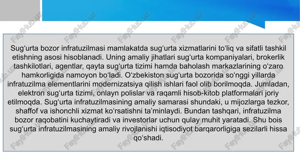 iyalarning joriy etilishi nimani ta’minlaydi? a) faqat xarajatlarni oshiradi b) xizmat ko‘rsatish tezligi va qulayligini oshiradi c) sug‘urta kompaniyalarini kamaytiradi d) bozorni yopadi 9. sug‘urta kompaniyalari faoliyatini tartibga soluvchi asosiy hujjat qaysi? a) “sug‘urta faoliyati to‘g‘risida”gi qonun b) “davlat budjeti to‘g‘risida”gi qonun c) “banklar to‘g‘risida”gi qonun d) “investitsiyalar to‘g‘risida”gi qonun 10. sug‘urta bozorining rivojlanishida professional ishtirokchilarning o‘rni nimada? a) ular bozor faoliyatini to‘xtatadi b) ular risklarni kamaytiradi va xizmat sifatini oshiradi c) ular faqat davlat foydasini ko‘zlaydi d) ular mijozlarga zarar yetkazadi sug‘urta bozor infratuzilmasi deganda nimani tushunasiz? sug‘urta kompaniyalari infratuzilmaning qaysi bo‘g‘iniga kiradi? sug‘urta brokerlarining asosiy vazifasi nimadan iborat? qayta sug‘urtalash tizimi qanday maqsadda tashkil etiladi? sug‘urta agentlarining bozordagi roli nimada namoyon bo‘ladi? sug‘urta infratuzilmasining samarali ishlashi uchun nimalar muhim hisoblanadi? o‘zbekiston sug‘urta bozorida raqamli texnologiyalarni joriy etishdan qanday foyda kutiladi? sug‘urta sohasida malakali kadrlar yetishmovchiligi qanday oqibatlarga olib keladi? sug‘urta xizmatlariga aholining ishonchini oshirish uchun nimalar zarur? sug‘urta …