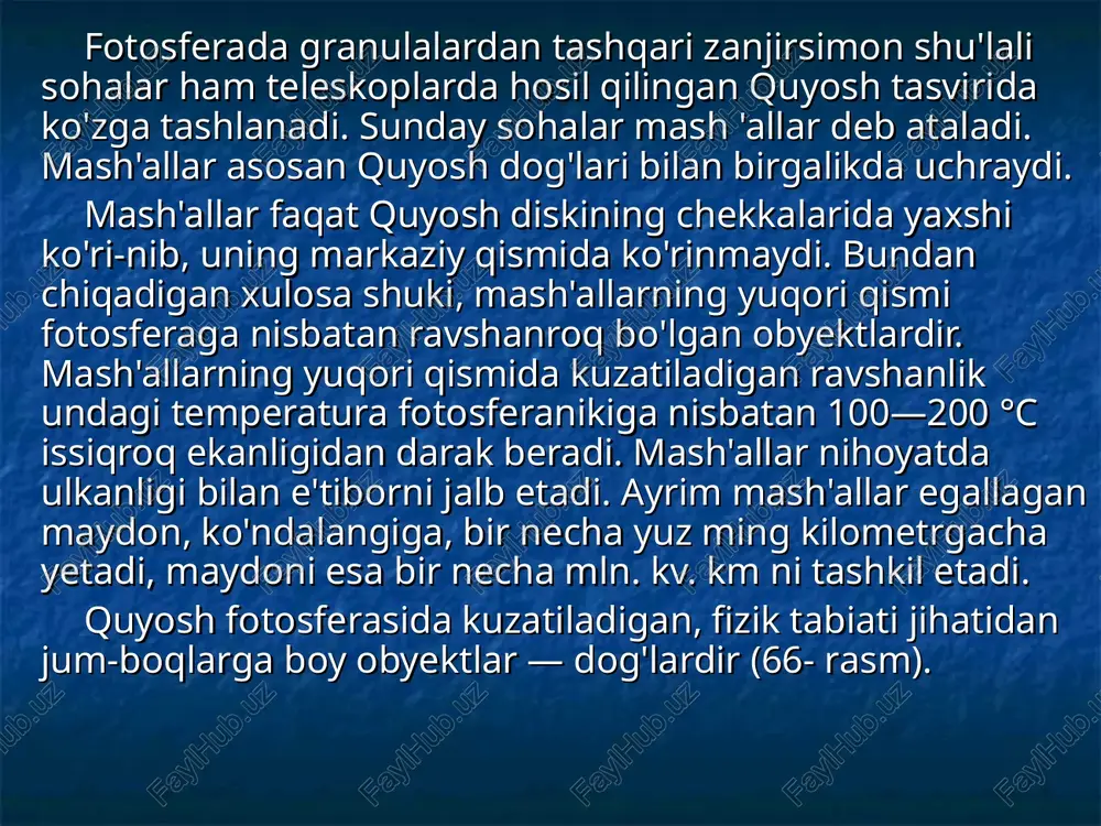 qin uzunligi 6562 å) chizig'ida kuchli nurlanadi. shuning uchun ham u ko'plab observa-toriyalarda (jumladan, toshkent observatoriyasida ham) shu chi-ziqning to'lqin uzunligiga to'g'ri kelgan nurni o'tkazuvchi monoxromatik filtrlar bilan qurollangan teleskoplarda o'rganiladi. bu nurda (6562 å) olingan xromosferaning tasvirida protuberanes-lar, quyosh diskida proyeksiyalanib, cho'zinchoq egilgan qora tolalar ko'rinishida bo'ladi. quyosh diametrini bilgan holda bu tola (protuberanes)larning o'lchami aniqlanganda, ularning eni 6000—10000 km, uzunligi esa bir necha yuz ming kilometrgacha borishi ma'lum bo'ladi. alanga till ko'rinishida quyosh chetidan ko'tarilgan protuberaneslarning balandligi ham bir necha yuz ming kilometrdan kam bo'lmasligi, quyoshda ular naqadar ulkan jarayonlardan ekanligidan darak beradi. protuberaneslarning rivojlanishida magnit maydonining roli katta. ularga tegishli magnit maydonining kuchlanganligini o'lchash bunday eksperimentning biroz bo'lsa-da murakkabligi tufayli faqat o'tgan asrning 60- yillaridagina yo'lga qo'yildi. protuberaneslar, atrof xromosferaga nisbatan ancha zich plazma bulut (temperaturasi 5000-10000 °c, zichligi - 1 kub santimetrda 1011-1012 zarraga to'g'ri keladi) dan iborat bo'lib, qariyb yuz marta issiqroq quyosh toji bilan …