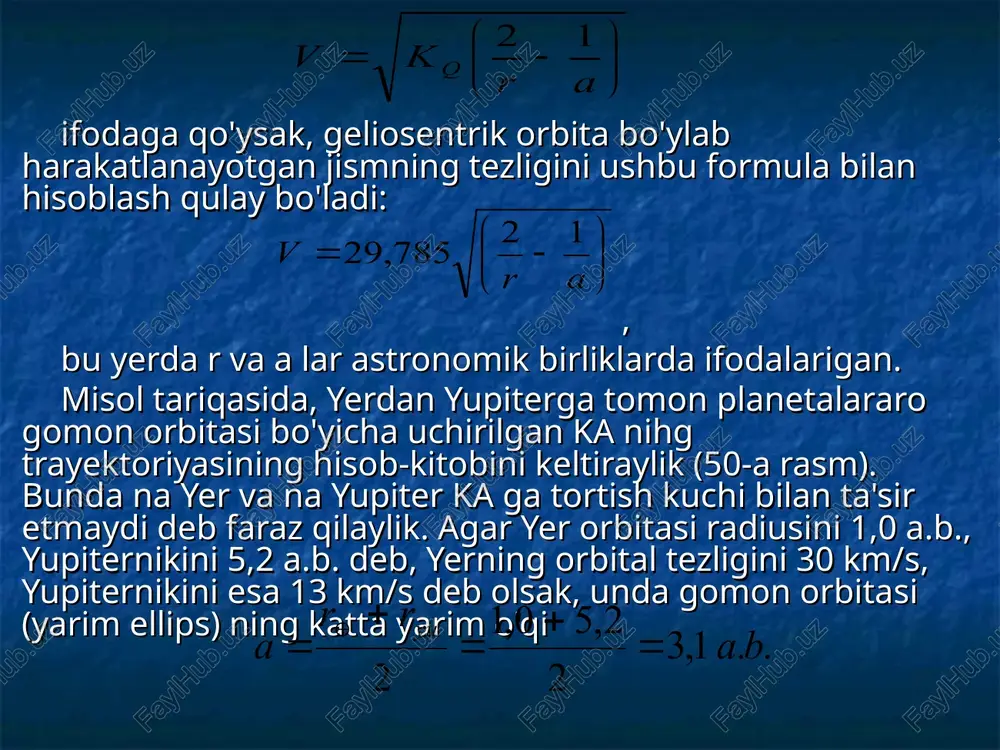 n orbitasi bo'yicha ka ga startni uning qanday konfiguratsion holati (yerga va quyoshga nisbatan holati) paytida berish lozimligini aniqlaylik. ma'lumki, gomon orbitasi, bu fokusida quyosh yotgan ellipsni xaraterlaydi. shuning uchun ham keplerning 3- qonuniga ko'ra, ka ning yupiterga uchib borish vaqti (f) mazkur ellips bo'ylab uning aylanish davrining (7) yarmiga teng bo'ladi, ya'ni t ni keplerning uchinchi qonunining ushbu ifodasidan topamiz (o'ng tomondagi ifoda yer uchun): bu yerda a — gomon orbitasining katta yarim o'qini (astronomik birliklarda), t esa ka ning bu orbita bo'ylab aylanish vaqtini (yillarda) ifodalaydi, u holda uchish vaqti: bundan, ka gomon orbitasining apogeyida yupiter bilan uchrashishi uchun, yupiter 0,0831 grad/sutka burchak tezligi bilan vaqt ichida 6 = 0,0831° • 996,8 = 82,8° yoyni o'tish lozimligi aniqbo'ladi. binobarin, ka yerdan ko'tarilayotgan paytda, yupiter yerdan y geliosentrik burchak miqdorida oldinda bo'lishi kerakligi topiladi: g = 180°-82,8° = 97,2°. yerning burchak tezligi yupiternikidan ancha ortiq bo'lib, u yupiterni har …