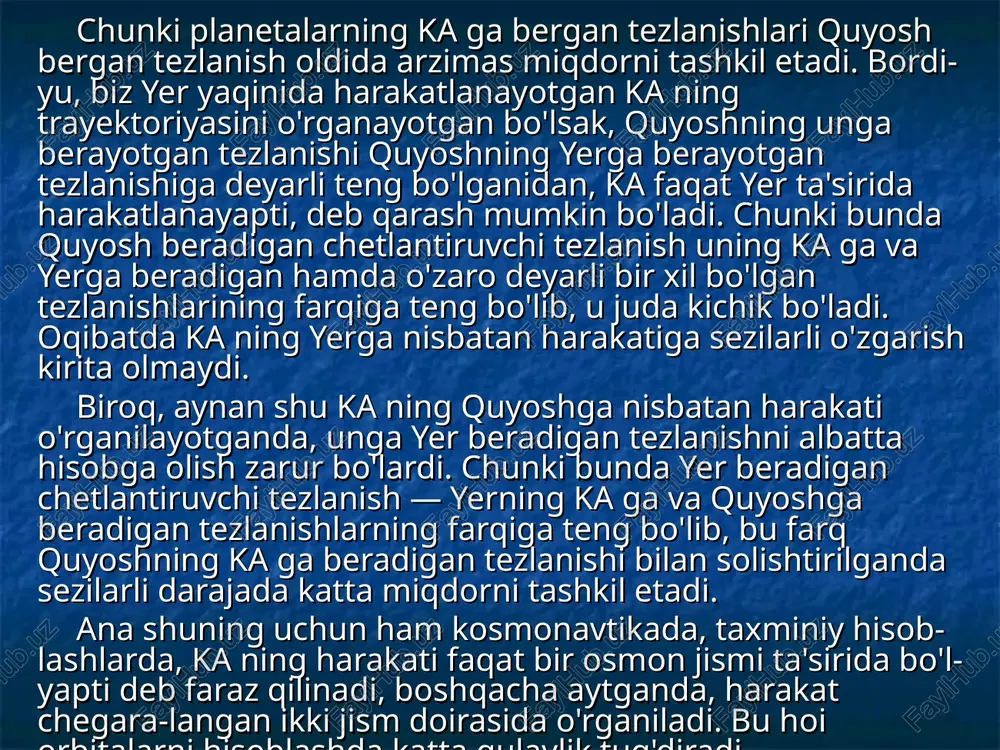 smning sun'iy yo'ldoshiga, osmon jismining markazi esa ellips fokuslaridan biriga aylanadi. eslatilganidek (iii. 5- §), ellipsning fokuslari deb shunday nuqtalarga aytiladiki, bu nuqtalar bilan ellipsning ixtiyoriy nuqtasini tutashtiruvchi kesmalar yig'indisi o'zgarmas bo'ladi. ellipsning har ikki fokusi orqali o'tgan o'qi uning katta o 'qi deyiladi. katta o'qning yarmi — katta yarim o'q deyilib, yo'ldoshning osmon jismidan o'rtacha uzoqligini xarakterlaydi va a harfi bilan belgila-nadi. ixtiyoriy momentda yo'ldoshning tezligi v, uning tortish markazidan uzoqligi r va ellipsning katta yarim o'qi a bilan quyidagicha bog'lanadi: tortishishning markaziy maydonida ellips bo'ylab harakatlanayot-gan jismning davri t esa, u bilan ellipsning katta yarim o'qi a orasidagi quyidagi munosabatdan topiladi: fokuslar orasidagi masofaning katta o'q uzunligiga nisbati ellipsning ekssentrisiteti deyilib, u 40- rasmdan: yoki bu yerdan aylanish davri t: bo'ladi. 39- rasm. tortishishning markaziy maydonida jismning harakat trayektoriyalari (misol tariqasida, yer tortishish maydonida ka ning harakati keltirilgan). 40-rasm. ortishishning markaziy maydonida jismning elliptik trayektoriya bo'ylab harakati. ifodalardan …