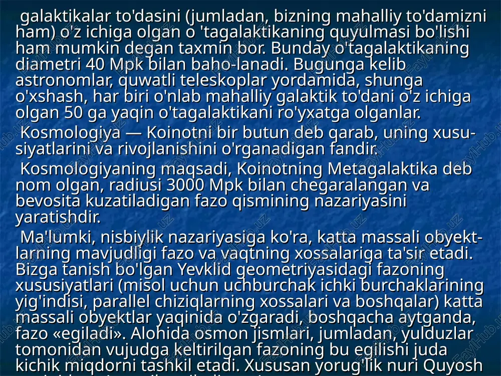fazosiga mos nolinchi egrilikda koinotning kengayish tezligi nolga intiladi. va nihoyat, musbat egrilikka ega kengayuvchi koinot, o'zining ma'lum bosqichida siqilish bilan almashinishi mumkin. bir jinsli izotrop modelda fazoning egriligi moddaning o'rtacha zichligining miqdoriga bog'liq bo'ladi. ikkinchi hoi (nolin­chi egrilik) zichlikning kritik zichlikka teng miqdorida ro'y beradi. moddaning kritik zichligi xabbl doimiysi h va gravitatsion doimiylik g orqali quyidagicha topiladi: bu yerda h - 55 km/(s • mpk), ρkr = 5,0 • 10-30 g/sm3. galaktikada mavjud barcha obyektlaraing massalarini inobatga olganda, metagalaktikaning o'rtacha zichligining qiymati taxminan 5 • 10-31 g/sm3 ni tashkil etadi. bu yerda galaktikalar orasidagi ko'rinmas muhitning massasi hisobga olinmaganligi tufayli zichlikning aniqlangan bu qiymati asosida real fazo egriligining ishorasi haqida aniq bir narsa deyish qiyin. shuningdek, koinotning yana ham real modelini «empirik yo'l» bilan tanlash imkoniyatlari mavjud bo'lib, juda uzoqdagi (nurlari bir necha yuz million yoxud milliard yillarda yetib keladi-gan) obyektlarning spektrlarida qizilga siljishlarini, so'ngra ularga tayanib tezliklarini …