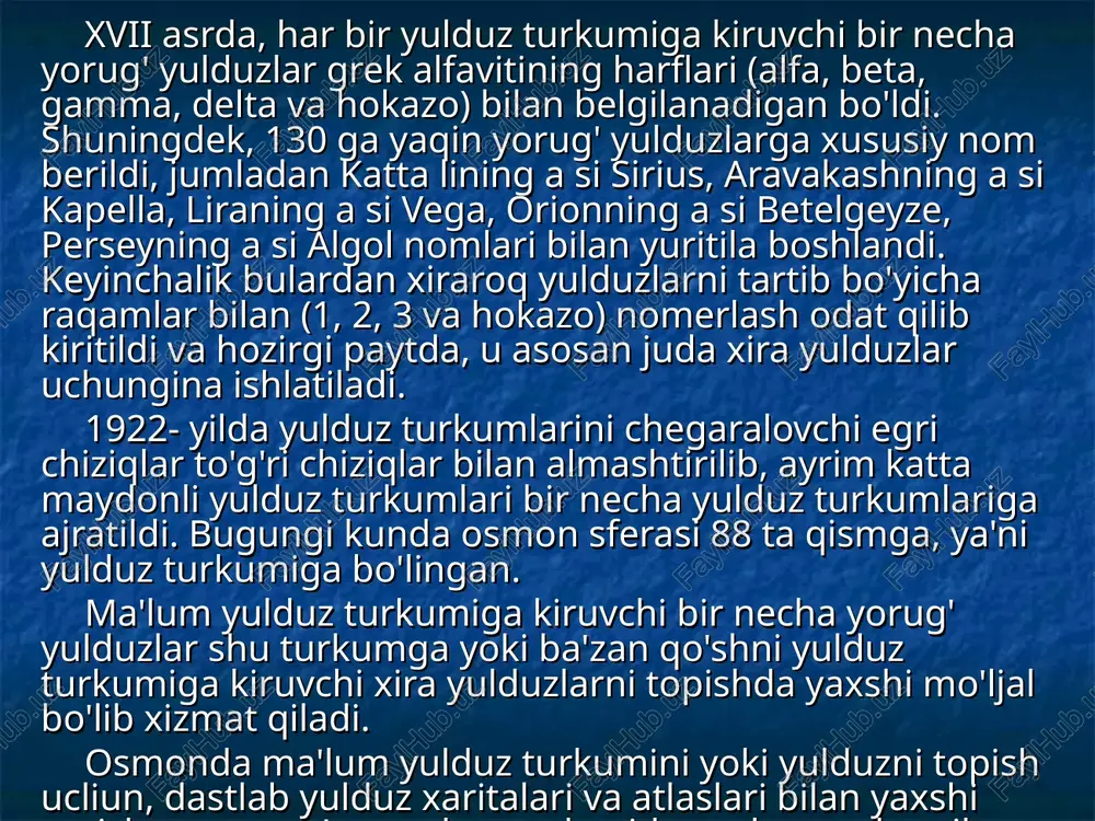 marta to'la aylanib chiqadi. quyosh va oyning osmonni bir to'la aylanib chiqishlaridagi yuradigan yo'llarining tekisliklari bir-biriga yaqin. ular kesib o'tadigan yulduz turkumlari zodiak yulduz turkumlari (yunoncha «zoon» — hayvonlar degani) deyilib, bu turkumlar sohasi — zodiak soha deyiladi. juda qadim zamonlardayoq kishilar, zodiak yulduz turkumlari sohasida, tashqi ko'rinishi bilan yulduzlarga o'xshash, biroq yulduzlardan farq qilib, ularga nisbatan siljib boruvchi 5 ta yoritgichni kuzatdilar. yulduzlardan farqlanuvchi bunday xususiyatlari evaziga ularga «adashgan yulduzlar» — planetalar deb nom berdilar. qadim rimda adashgan yulduzlar rim xudolarining nomlari bilan mer-kuriy, venera, mars, yupiter va saturn deb atala boshlandi. teleskop ixtiro qilingandan so'ng 1781- yilda uran, 1846- yilda neptun va 1930- yilda pluton planetalari topildi. planetalarning ko'rinma harakatlari ham zodiak yulduz tur-kumlari chegaralarida kuzatilib, yulduzlar fonida siljishlari quyosh va oyning siljishlari kabi g'arbdan sharqqa bo'ladi. tunda osmonga sinchiklab qaragan har bir kishi bir necha minut davomidayoq, eslatganimizdek, yulduzlar osmonining sharq­dan g'arbga tomon aylanayotganining guvohi bo'ladi. buning …