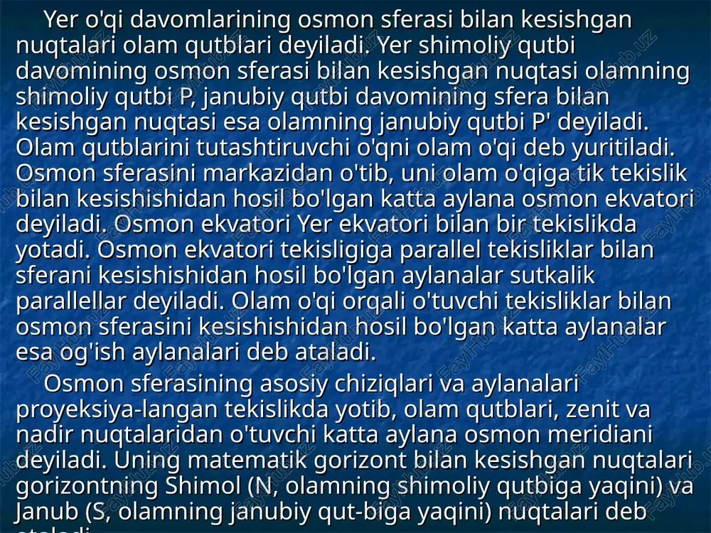 b ataladi. ekliptika qutblari orqali o'tuvchi katta aylanalar yoritgichning kenglik aylanalari deyiladi. quyoshning yillik ko'rinma harakat yo'li bo'ylab joylashgan yulduz turkumlarining sohasi, eslatilganidek (i bob, 4- §), zodiak soha deyiladi. bu sohada joylashgan 12 yulduz turkumi - hut, hamal, savr, javzo, saraton, asad, sunbula, mezon, aqrab, qavs, jaddi, dalv nomlari bilan yuritiladi. quyoshning yulduzlar fonida yillik ko'rinma harakat qilishi, aslida, yerning quyosh atrofida yillik haqiqiy harakati tufayli sodir bo'ladi. shuning uchun ham quyoshning yillik ko'rinma harakati tekisligi yer orbita tekisligi bilan ustma-ust tushadi. binobarin, ekliptikaning osmon ekvatoriga og'maligi - yer ekvatorining o'z orbita tekisligiga og'maligi bilan bir xil bo'ladi.