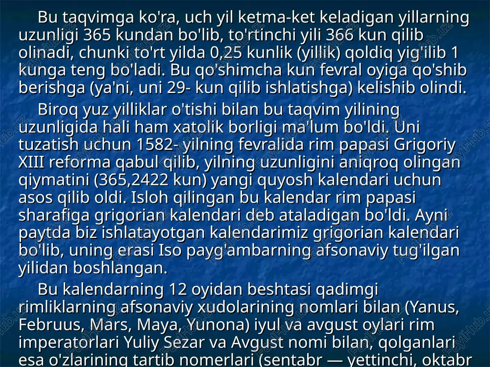 ishi bilan taqvim yilining boshi teng-kunlikdan siljib ketishiga (har to'rt yilda taxminan 1 kun) sabab bo'lgan. kalendarni bunday kamchilikdan xalos qilish uchun malikshoh astronom va matematiklardan iborat kengash tuzib, unga rahnamolik qilishni umar xayyomga,topshirdi. kengashning bosh vazifasi, taqvim yillarining boshi («navro'z») bahorgi tengkunlikdan siljimaydigan qilib tuzishdan iborat edi. buning uchun komissiya 366 kunlik kabisa yilini joriy qilib, uning kelish tartibini, rimliklarning yulian kalendarida joriy qilgan tartibidan boshqacharoq shaklini taklif etdi. keyinchalik umar xayyom kalendari deb nom olgan bu taq-vimda kabisa yili, 33 yilda 8 marta kelib (rimliklar taqvimida 32 yilda), dastlabki 7 tasi har to'rtinchi yilda, oxirgi 8- si esa 5-yili keladigan qilib qabul qilindi. boshqacha aytganda, 33 yillik davrning 4-, 8-, 12-, 16-, 20-, 24-, 28- va 33-yillari kabisa yillari sanalib, 366 kundan qilindi, qolgan 25 yili 365 kundan edi. u.xayyom kalendarida yilning o'rtacha uzunligi kunga teng bo'lib, tropik yilning haqiqiy uzunligidan (365,24220 kun) atigi 0,00022 sutkaga, ya'ni 19,5 …