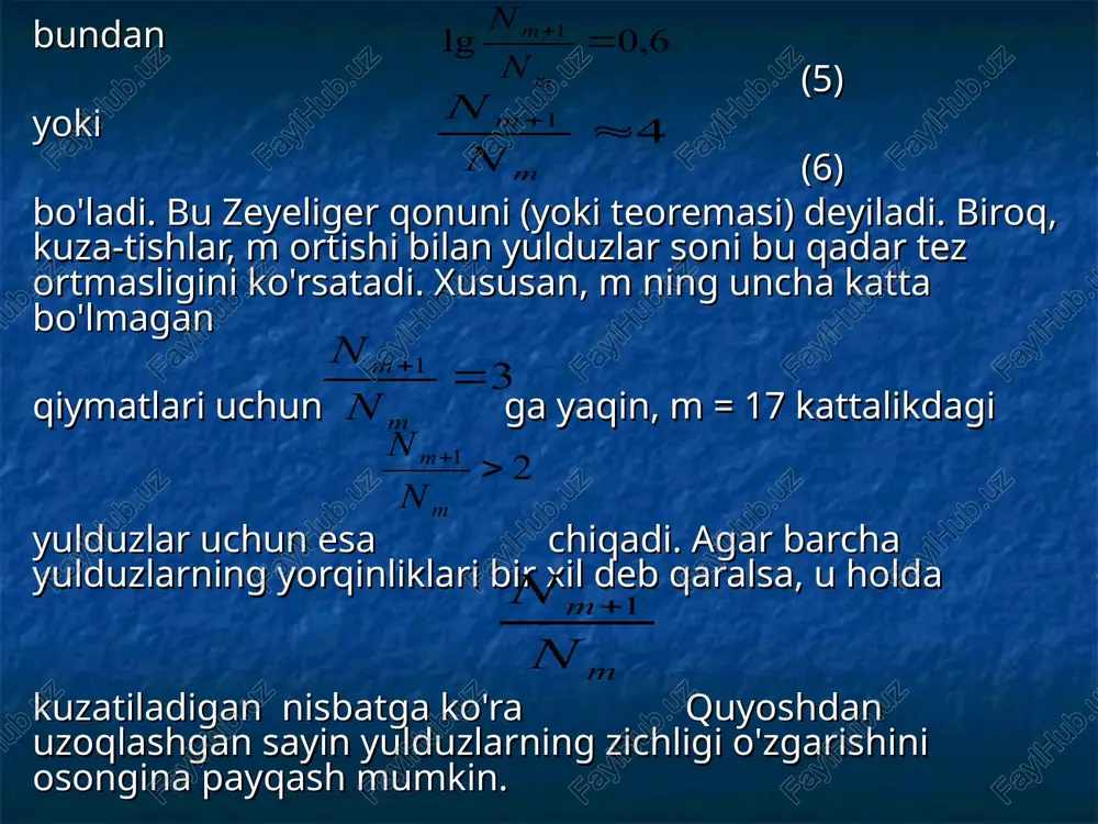 lari egallagan hajm — diametri galaktik tekislik bilan ifodalanadigan ellipsoid bilan chegaralanadi (130- rasm). shuning uchun ham ular galaktikamizning sferoidal (ba'zan sferik) qism sistemasi obyektlari degan umumiy nom bilan ataladilar. galaktikamiz kinematikasini o'rganish, u andromeda tumanligining strukturasiga o'xshash spiral strukturaga ega ekanligini tasdiqlaydi. 130—rasm. galaktikamzning asosiy tashkil etuvchilari. ( ) [ ] m m r m - + + = + 1 2 , 0 1 lg 1 2 , 0 lg 2 , 0 lg lg 1 1 = = - + + m m m m r r yoki r r ( ) 6 , 0 3 2 , 0 3 1 1 10 10 = = ÷ ÷ ø ö ç ç è æ = + + m m m m r r n n 6 , 0 lg 1 = + m m n n 4 1 » + m m n n 3 1 = …