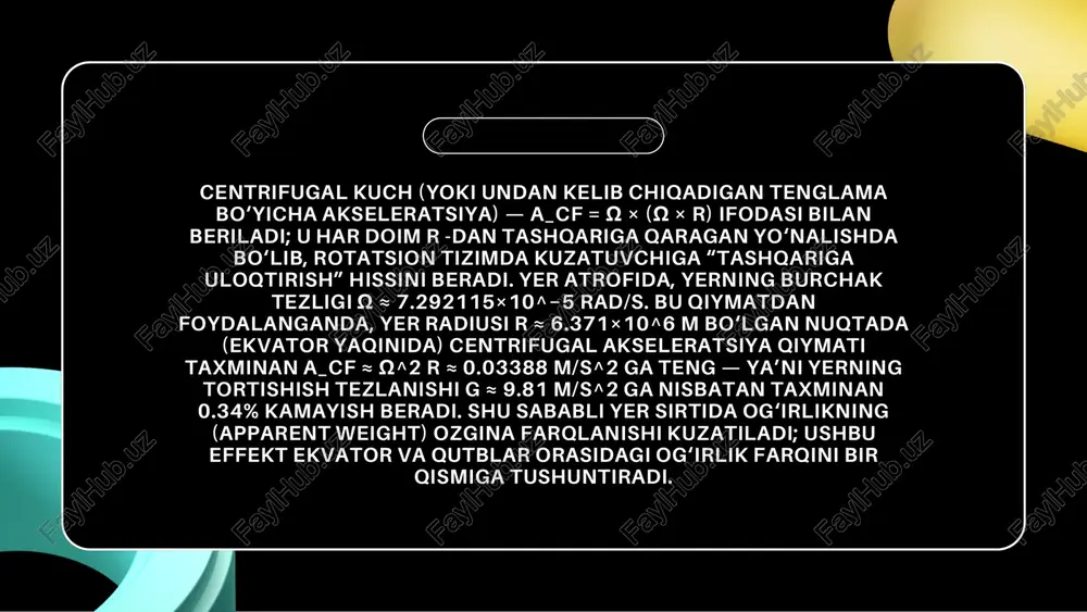 ki suyuq quvurlar bilan tajribalar orqali coriolis va centrifugal effektlarni sezdirish samarali bo‘ladi. eksperimental va kuzatuv dalillar: okeanografik va meteorologik kuzatuvlar coriolis ta’sirining amaliy haqiqiyligini ko‘rsatadi — masalan, yadrolik oqimlar, gidrografik ma’lumotlar va sinoptik xaritalardagi siklon strukturalari coriolis tomonidan boshqarilayotgan aylanishni aniq ko‘rsatadi. laboratoriya sharoitida esa aylanma bak va suyuqlik bo‘ylab harakatlanuvchi bo‘laklar yordamida correlatsiyalardan foydalanib, inertial va soxta kuchlarning natijalari o‘lchanadi; ushbu eksperimentlar mavzuning matematik ifodasining amaliy haqiqatga to‘g‘ri kelishini tasdiqlaydi. xulosa qilib aytganda, noinersiya sanoq tizimlarda inersiya (soxta) kuchlar — fizikaning fundamental va amaliy jihatdan juda muhim qismidir. ular nafaqat nazariy tavsifga ega (matematik transformatsiyalar orqali aniq ifodalanadi), balki meteorologiya, okeanografiya, muhandislik, balistika va navigatsiya kabi ko‘plab sohalarda real ta’sir ko‘rsatadi. matematik formulalar (masalan, coriolis: 2 m (ω × v), centrifugal: m ω × (ω × r) va euler: − m (dω/dt × r)) va yer misollaridagi raqamli qiymatlar (ω ≈ 7.292115×10^−5 rad/s, ekvatorda a_cf ≈ 0.03388 m/s^2, …