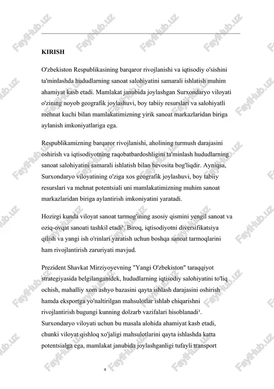 minlash 1.2. sanoat samaradorligi ko'rsatkichlari sanoat samaradorligini baholash uchun quyidagi asosiy ko'rsatkichlar qo'llaniladi: · mehnat unumdorligi · fondlardan foydalanish koeffitsiyenti · rentabellik darajasi · mahsulot eksport potentsiali · innovatsion faollik darajasi ii bob. o'zbekiston sanoatining hozirgi holati va rivojlanish tendentsiyalari 2.1. milliy iqtisodiyotda sanoat tarmog'ining o'rni 2024-yil ma'lumotlariga ko'ra, o'zbekiston yimi tarkibida sanoat 25,3% dan 26,4% ga oshdi, bu sanoat sektorining iqtisodiyotdagi rolini mustahkamlayotganidan dalolat beradi. o'zbekistonning yalpi ichki mahsuloti joriy narxlarda 1,454,573.9 milliard so'm tashkil etib, real ifodada 2023-yilga nisbatan 6.5% ga oshdi. sanoat ishlab chiqarishdagi o'zgarishlar milliy iqtisodiyotning strukturaviy transformatsiyasini ko'rsatadi. norasmiy va yashirin iqtisodiyot hajmining tarmoqlar bo'yicha tarkibida sanoat 8,9 foizni tashkil etgan, bu sanoat sektorining rasmiylashtirish darajasi yuqoriligini tasdiqlaydi. 2.2. sanoat rivojlanishining davlat strategiyasidagi o'rni hududlarda 200 ta yangi sanoat zonalarini tashkil etish va biznes-inkubatorlar tizimini rivojlantirish "yangi o'zbekistonning taraqqiyot strategiyasi"da muhim vazifa sifatida belgilangan. bu strategiya doirasida hududlarni kompleks ijtimoiy-iqtisodiy rivojlantirish bo'yicha dasturlar asosida har …