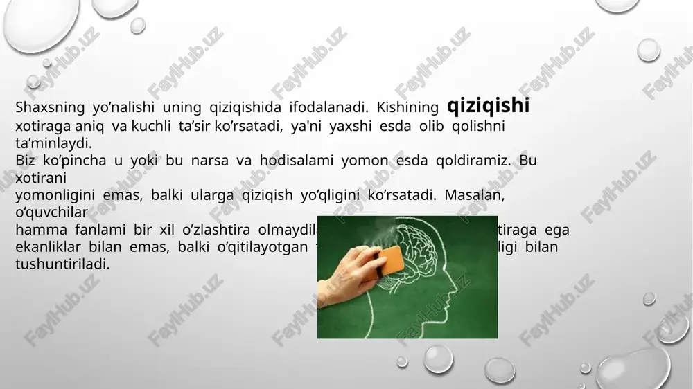 ing oqibatida uncha katta bo’lmagan tadqiqot materiali 46 marta o’qib berilganiga qaramay, esda olib qolinmagan. tajribaning keyingi bosqichida vazifa tekshiriluvchiga tushuntirib berilgandan so’ng u material bilan olti marta o’ib, tanishib, uni takrorlab, qismga ajratib esga qayta tushirishga erishgan. ixtiyorsiz xotiraning turmushda va faoliyatda katta o’rin egallashini har kim o’z shaxsiy tajribasidan biladi. ixtiyorsiz xotiraning muhim xususiyati ari dan biri ma'lum maqsadsiz aqliy, asabiy, irodaviy zo’r berishsiz hayotiy ahamiyatga ega bo’lgan keng ko’lamdagi ma’lumot, xabar, axborot, ta'surotlaming ko’pchilik qismini aks ettirishdir. shunga qaramasdan inson faoliyatining turli jabhalarida o’z xotirasini boshqarish zarurati tug’ilib qolishi mumkin. xuddi mana shunday sharoitiar, holatlar, vaziyatlarda esda saqlash, esga tushirish yoki eslash imkoniyatini yaratadigan xotiraning mazkur turi katta ahamiyatga egaligi shubhasiz. biror material xotirada mustahkam joy olish uchun uni sub'ekt tomonidan tegishli ravishda qayta ishlab chiqish zarur va materialni bunday ishlab chiqish uchun ma’lum darajada muddai talab etish tabiiydir. ana shu muddat xotirada qayta tiklanilayotgan izlarni mustahkamlash …