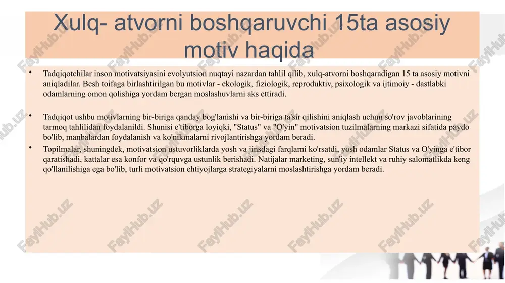 r qaratishadi, odamlar yoshi o'tgan sayin qo'rquv va konfor uchun tashvish kuchayib boradi. “bu oʻzgarishlar hayotning turli bosqichlarini aks ettiradi: dastlab biz jamiyatdagi oʻrnimizni mustahkamlashga intilamiz, keyin esa xavfsizlik va omon qolishga eʼtibor qaratamiz”, — deya qoʻshimcha qiladi gallyamova. motivatsiya nima? motivatsiya - bu ichki jarayon. biz uni motivatsiya yoki ehtiyoj sifatida belgilaymizmi, motivatsiya bizning ichimizdagi holat bo'lib, u o'z-o'zini yoki atrof-muhitni o'zgartirishni xohlaydi. biz ushbu energiya qudug'idan foydalansak, motivatsiya odamga atrof-muhit bilan moslashuvchan, ochiq va muammolarni hal qilish uchun zarur bo'lgan harakat va yo'nalishni beradi motivatsiya qancha odamning xohish-istaklari bo'lsa, shuncha ko'p yuzlarga ega. “motivatsiyaning eng oddiy ta'rifi istak bilan bog'liq’’ - deydi baumeister. biz xatti-harakatlar, fikrlar, his-tuyg'ular, o'z-o'zini anglash, atrof-muhit va munosabatlardagi o'zgarishlarni xohlaymiz. motivatsiya 1.motivatsiya - bu ichki (ichki) va tashqi (tashqi) omillarga asoslangan harakatlar va xatti-harakatlarga ta`sir qiluvchi harakatdir. 2.shaxsiy motivatsiyani tushunish maqsadni belgilash, qat'iyatlilik va mazmunli natijalarga erishishni kuchaytirishi mumkin. 3.ichki motivatsiyani rivojlantirish ko'proq qoniqish …
