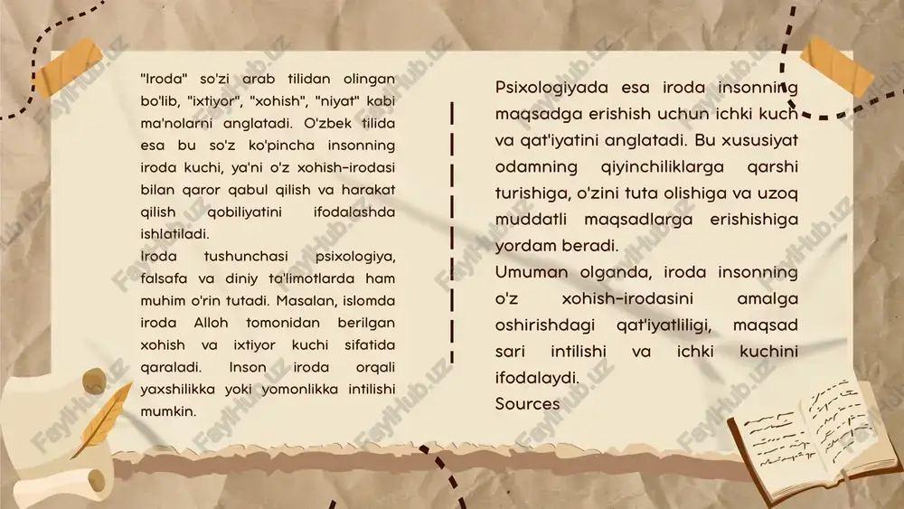 ish — bu insonning biror maqsadga erishish yo‘lida o‘zida kuch topib, ichki qarshiliklarga (dangasa bo‘lish, qo‘rquv, hafsalasizlik) yoki tashqi to‘sqinliklarga (qiyinchiliklar, muhit bosimi) qaramay, qat'iyat bilan harakat qilish holatidir. bu psixologiyada irodaning eng faol ko‘rinishi hisoblanadi. irodaviy zo’r berish nima? irodaviy zo‘r berish — bu oddiy istakdan yuqoridagi daraja. bu shunchaki "xohlayman" emas, balki "qiynalsam ham qilaman" degan ichki qaror bilan bog‘liq. u insonning kuchli, bardoshli va qat’iyatli bo‘lishini namoyon etadi. irodaviy zo‘r berishning mohiyati: bu jarayonda inson o‘zining tabiiy holatiga (dam olish, oson yo‘lni tanlash) qarshi boradi. ichki kurash (xohlayman – lekin qiynalaman) kuchli bo‘ladi. maqsadga erishish uchun vaqtinchalik noqulayliklarga chidash talab qilinadi. masalan: bir talaba kechasi dam olish o‘rniga, imtihonga tayyorlanish uchun o‘zini majbur qilib dars o‘qiydi. bu — irodaviy zo‘r berish. chunki u charchagan bo‘lsa-da, o‘zini yengib, maqsad sari harakat qilyapti. irodaviy zo‘r berish qachon yuz beradi? qiyin qarorlar qabul qilishda: masalan, yaxshi do‘st bilan kelishmovchilikda haqiqatni …