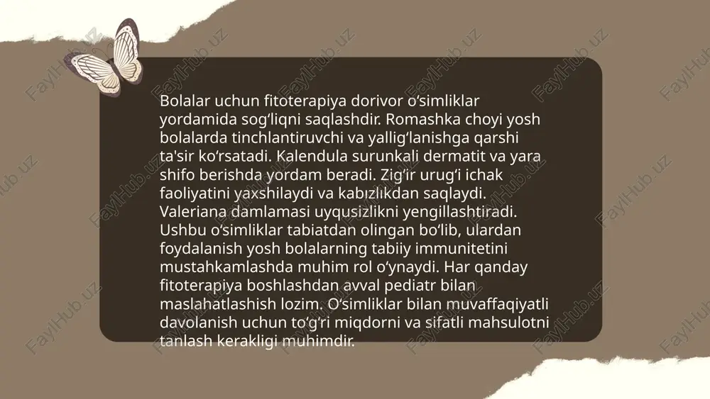 t.me/slaydai_bot xalq tabobatida bolalar uchun massajning foydalari juda ko‘p. bolalar massaji rivojlanish jarayonini rag‘batlantiradi, mushaklarni mustahkamlaydi va moslashuvchanligini oshiradi. massaj teri orqali qon aylanishini yaxshilaydi, bu esa immun tizimini kuchaytiradi. tadqiqotlar shuni ko‘rsatadiki, muntazam massaj bolalarning uyqu sifati va ovqat hazm qilish tizimini yaxshilaydi. shuningdek, stress va bezovtalikni kamaytirib, bolaning umumiy farovonligini oshiradi. ba’zi manbalarga ko‘ra, haftada 2-3 marotaba 10-15 daqiqalik massaj seanslari yaxshi natija beradi. xalq tabobati tajribasiga ko‘ra, massaj bolaning hissiy va jismoniy holatini barqarorlashtirishda muhim rol o‘ynaydi. xalq tabobatini pediatriya soxasidagi asosiy konsepsiyalarning axamiyati (fitoterapiya, manual terapiya, dietoterapiya, igna bilan davolash va boshqa noan’anaviy davolash usullarining nazariy va amaliy aspektlariga). andijon davlat tibbiyot instituti pediatriya fakulteti 415-guruh talabasi rahimova saidaxon e'tiboringiz uchun raxmat! image1.png image2.png image3.png image4.jpeg image5.png image6.jpeg image7.jpeg