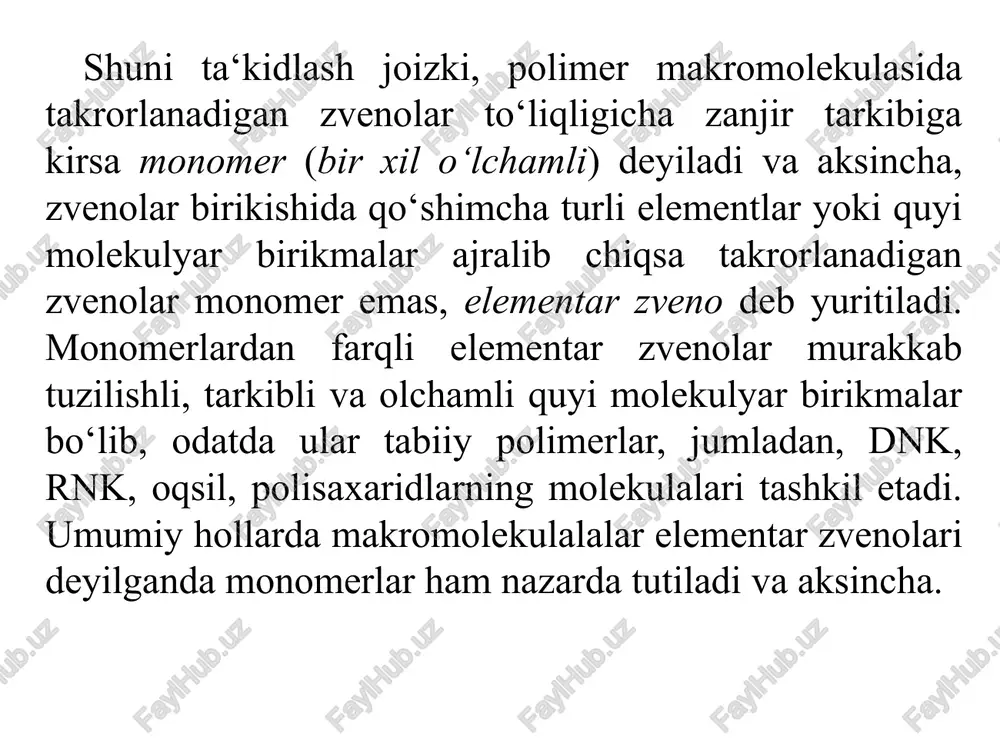 amalga oshiradigan moddalar initsiator deyiladi. masalan, oksidlovchi-qaytaruvchi (tiklanuvchi) tizimlar initsiator bo‘la oladi. shuningdek, radikal polimerlanishda yorug‘lik kvantini yutish orqali fotokimyoviy initsirlash va yuqori energetik nurlanish (-nurlar, -zarrachalar, neytronlar, elektronlar va sh.k.) orqali radiatsion-kimyoviy initsirlash qo‘llanadi. zanjir o‘sishi initsirlash natijasida hosil bo‘lgan erkin radikallarga monomerlarning birikish jarayonidir. bu jarayon zanjir o‘sishi tezligi doimiysi (k) va faollik energiyasi (ea) kabi parametrlarga bog‘liq. odatda ea = 12 – 40 kj/mol. zanjir uzilishi zanjirlarni kinetik va material cheklanish reaksiyasi bo‘lib, bu jarayon tizimda faol markazlarni yo‘qolishiga yoki ular o‘rniga yetarlicha faol bo‘lmagan monomerlar paydo bo‘lishiga, zanjirlarni o‘sishini to‘xtashiga olib keladi. natijada turli molekulyar massali zanjirlar hosil bo‘ladi va polimolekulyarlik, ya‘ni polidisperslik yuqori bo‘lishi kuzatiladi. bunda zanjir uzilish faollik energiyasi ea = 6 kj/mol dan oshmaydi. zanjirlar uzilishini amalga oshirish, ya’ni radikallar bilan ta‘sirlashib reaksiyani to‘xtatish uchun ingibitor moddalar ham qo‘llanadi. zanjir uzatish reaksiyasida biror bir tanlangan zanjir uzatish molekulasi bilan o‘sadigan radikal atomi uziladi, …