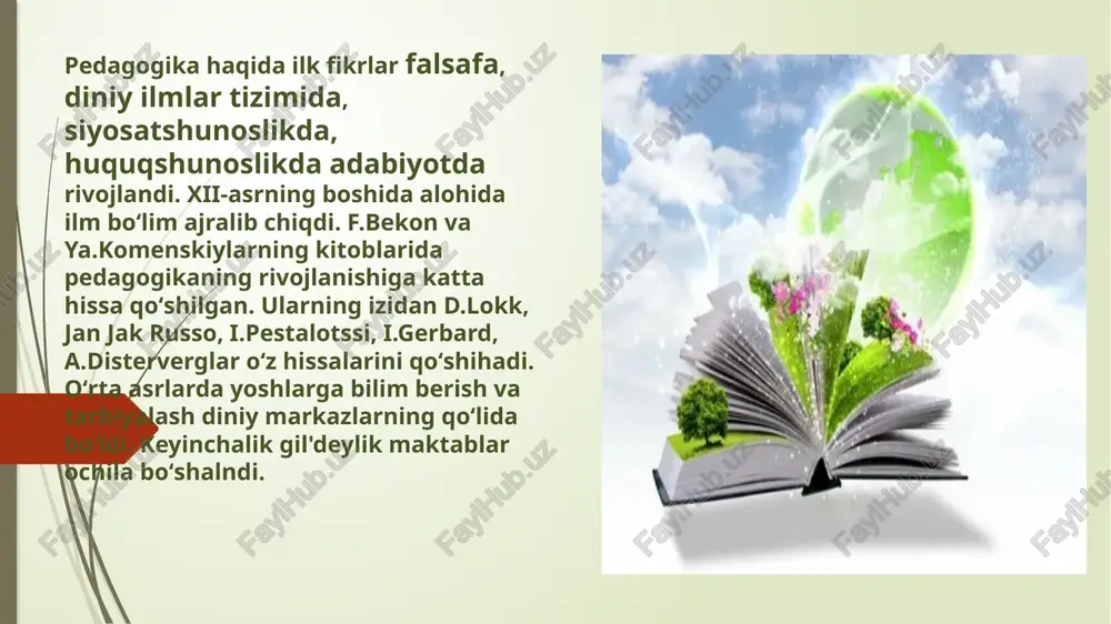 aviy xayoti to‘g‘risidagi fan) guruxiga qo‘shib, maorif to‘g‘risidagi fan sifatida ta’riflagan. shunday qilib, gerbat va amper fanlar tizimida pedagogikaning tutgan o‘rnini va mavqeini bir xil aniqlashdi. shundan so‘ng "pedagogika" mustaqil fan sifatida tan olinib, uning asosiy tavsiflariniishlab chiqish boshlandi. u, asosan jamiyatda shaxsning ma’naviy xayotini tashkil etish xakidagi fan sifatida tan olingan. pedagogikani yagona bir butun fan sifatida tan olish 200 yilga yakin davom etdi. xxasrning birinchi choragida n.m. somov tomonidan yaratilgan tasniflagichda pedagogika fani kutubxona va ijtimoiy pedagogikaga ajratilib, birinchisi "umumiy fanlar", ikkinchisi "ijtimoiy fanlar" guruxlariga kiritilgan. keyinchalik barcha fanlar: tabiiy, ijtimoiy va texnik guruxlarga bo‘linib: pedagogika ijtimoiy fanlar guruxining psixologiya sinfiga kiritilgan. bu yerda shuni ta’kidlash joizki, pedagogika va psixologiya fanlarining vazifasiikki xil bo‘lib, ularni biriga o‘qitish maqsadga muvofiq emas. pedagogikani faqat ijtimoiy fanlar turkumiga kiritish xam unchalik to‘g‘ri emas, chunki, pedagogika fani kasbiy ta’lim berishda matematika, fizika, texnika, o‘qitish metodikasi, ishlab chikarish ta’limi va boshqa fanlar bilan …