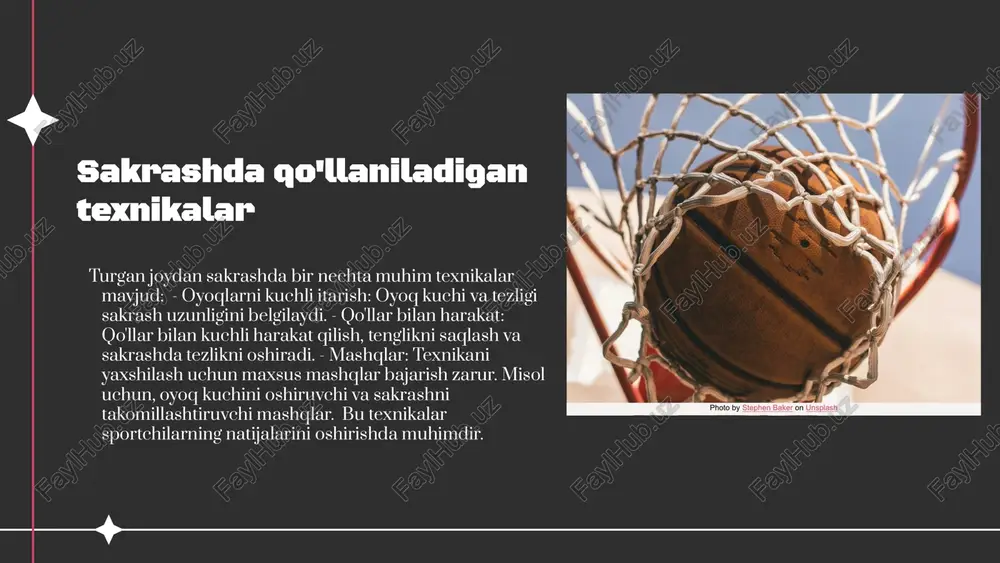 akatlar muhim sakrashda qo'llaniladigan texnikalar, oyoq va qo'l harakatlari muhimligini ko'rsatdi. kuch va tezlikni birlashtirish kuch va tezlikni birlashtirish usullari natijalarni yaxshilashda muhim rol o'ynaydi. afzalliklar va kamchiliklar yuzaki va chuqur sakrashning afzalliklari va kamchiliklarini tushunish sportchilar uchun katta ahamiyatga ega. foydalanilgan adabiyotlar 1. abdullayev, i. s. turgan joydan sakrashning asosiy texnikalari. o'zbekiston yengil atletika assotsiatsiyasi, 2021 2. ismoilov, r. n. sakrashda kuch va tezlikni oshirish usullari. sport va salomatlik jurnali, 2022 3. qodirov, a. yuzaki va chuqur sakrash farqlari. yengil atletika va sport tadqiqotlari, 2020 4. djavlonov, s. sakrash texnikasini takomillashtirish usullari. o'zbekiston sport ilmiy tadqiqotlari, 2023 5. toshpulatov, m. sakrashda kuch va tezlikni birlashtirish. sport olimpiadasi jurnali, 2021 e'tiboringiz uchun rahmat! image8.jpg image9.jpg image10.jpg image11.jpg image1.png image2.png image3.png image4.png image5.png image6.png image7.png