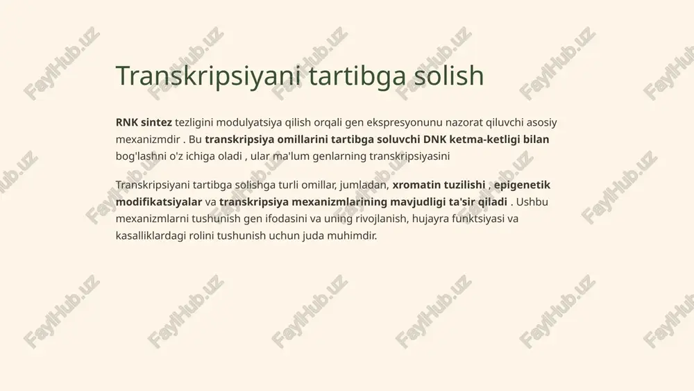 shi transkripsiya omillari, ko-regulyatorlar yoki bazal transkripsiya mexanizmidagi o'zgarishlar genlarni ifodalash dasturlariga keskin ta'sir ko'rsatishi mumkin, bu hujayra funktsiyasi va gomeostazga ta'sir qiladi. 12 gen faolligini nazorat qilishning terapevtik maqsadi 1 transkripsiyani tartibga solishni buzish transkripsiya omillari, epigenetik modifikatorlar yoki boshqa tartibga soluvchi oqsillarga xalaqit beradigan dori-darmonlarni ishlab chiqing, bu kasallikdagi genlarni ifodalash naqshlarini o'zgartiradi. 2 transkripsiyadan keyingi jarayonlarni modulyatsiya qilish antisens oligonükleotidlar yoki sirnk kabi rnkga asoslangan terapevtik vositalardan foydalanib, genlarni tanlab o'chirish uchun mrnk barqarorligini, birlashmasini yoki transkripsiyasini maqsad qilib oling. 13 3 stabillashtiruvchi yoki beqarorlashtiruvchi oqsillar protein almashinuvini boshqaradigan yo'llarni inhibe qilish yoki faollashtirish, asosiy tartibga soluvchi oqsillar darajasini o'zgartirish uchun kichik molekulalarni loyihalash. 4 maqsadli signal kaskadlari kasal hujayralardagi genlarni tartibga solish mexanizmiga atrof-muhit signallarini uzatuvchi signalizatsiya molekulalari va yo'llarining ingibitorlarini ishlab chiqing. e’tiboringiz uchun raxmat image1.jpeg image2.png image3.jpeg image4.png image5.png image6.png image7.png image8.png image9.png image10.png image11.png image12.png image13.png image14.png image15.png image16.png