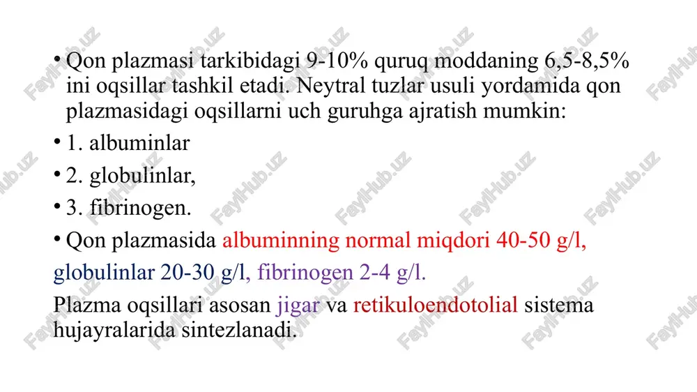 o`q. ular asosan glikoliz jarayonida ishlanadigan anaerob tipdagi energiyadan foydalanadi. qonning barcha eritrotsitlari 1 soat davomida 0,7 g atrofida glyukoza iste’mol qiladi. eritrotsitlarni faoliyat ko`rsatishida qon plazmasi bilan eritrotsitlardagi moddalar kontsentratsiyasi farqini saqlanishi, faol transporti amalga oshirilishida membranalarda atf ergiyasi bo`lishi shart. eritrotsitlar kislorod tashuvchi vazifasini bajarishida zaharli ta’sirlardan va boshqa oksidlovchi moddalar ta’siridan saqlanishi uchun atf energiyasidan tashqari nadh2 va nadfh2 kofermentlari kerak. eritrotsitlarning bu omillarga bo`lgan ehtiyoji eritrotsitlarda kechadigan anaerob glikoliz va glyukozaning pentozofosfat yo`li bilan parchalanish jarayonlari hisobiga ta’minlanadi. gemoglobin sintezi va uning boshqarilish gemoglobinning vazifalari: gazlar almashinuvida qatnashish, kislota-asos muvozanatini saqlash va boshqalar. qonda gemoglobin miqdori 120 g/l tashkil etadi. u 4 subbirlikdan tashkil topgan globin molekulasidan va gem qismidan iborat. gem fe2+va porfirindan tashkil topgan. gemdagi temir qaytarilgan (fe+2) xolatda boʻladi. gemdagi temirni oksidlanishida (fe3+) gematin xosil boʻladi. gemning asosiy qismi gemoglobin bilan toʻyingan eritrositlarda, mioglobin tutuvchi mushak xujayralarida va sitoxrom p450 miqdori yuqori boʻlgan …