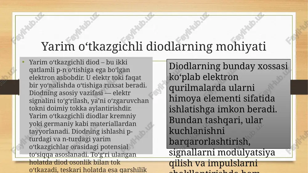 ko‘priklarning vazifasi diodli ko‘prik – bu to‘liq to‘lqinli to‘g‘rilash uchun mo‘ljallangan sxemadir. u to‘rtta dioddan iborat bo‘lib, o‘zgaruvchan tokni ikki yarim davrda ham bir yo‘nalishga aylantiradi. diodli ko‘prik elektr manbalarida, zaryad qurilmalarida va quvvat adapterlarida qo‘llaniladi. u kuchlanishni barqaror shaklga keltirib, elektron qurilmalarni himoya qiladi. ko‘prik sxemasi orqali tok yo‘nalishi har doim bir xil bo‘lishi ta’minlanadi. tranzistorlarning turlari xulosa: xulosa qilib aytganda, yarim oʻtkazgichli diodlar, tranzistorlar va rezistorlar elektronikaning yuragi hisoblanadi. ularning fizik xususiyatlari va amaliy qo‘llanishi elektr muhandisligi sohasida katta ahamiyatga ega. diodli ko‘priklar esa elektr tokini to‘g‘rilashda muhim o‘rin tutadi. hozirgi zamon texnikasi aynan shu elementlarga asoslanadi. shu sababli ushbu komponentlarni chuqur o‘rganish har bir texnik mutaxassis uchun zarurdir. biz bunday elektron kompanentlardan juda ko’p foydalanamiz.ya’ni elektr energiyasini boshqarishda foydalamiz.hamda biz uni elektrni juda sariflanishi oldini olamiz.hamda biz uchun elektrni xavfsiz ravishda yetkazib beradi. tayyorlagan taqdimotim shulardan iborat edi etiboringiz uchun raxmat! image5.png image6.png image7.png image8.png image9.png image10.png …