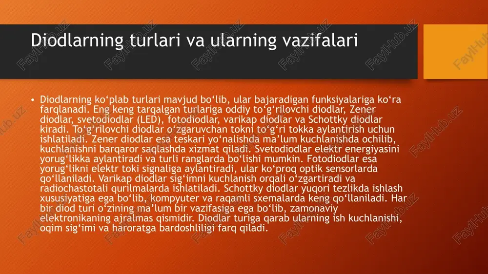 ma ularni o‘zida mujassam etgan. 2. kremniy diodlar germaniy diodlarga nisbatan yuqori haroratga chidamli va uzoq muddat ishlaydi. 3. har bir diodda teskari oqim juda kichik bo‘ladi, bu esa uni to‘g‘rilovchi element sifatida foydali qiladi. 4. rezistorlar zanjirda kuchlanishni teng taqsimlash uchun ishlatiladi va ularning qiymati ohmmetrlarda o‘lchanadi. 5. tranzistorlar signallarni nafaqat kuchaytiradi, balki tezkor o‘zgarishlarga javob bera oladi, bu esa ularni kompyuter protsessorlarida qo‘llash imkonini beradi. xulosa yarim o‘tkazgichli elementlar — diod, rezistor va tranzistorlar — zamonaviy elektronikaning asosi hisoblanadi. ular elektr signallarni boshqarish, kuchaytirish va to‘g‘rilashda muhim rol o‘ynaydi. diodlar elektr oqimini bitta yo‘nalishda o‘tkazadi, rezistorlar esa oqimni tartiblaydi, tranzistorlar esa signalni kuchaytiradi va boshqaradi. diodli ko‘priklar o‘zgaruvchan tokni barqaror doimiy tokka aylantirib, elektr ta’minot tizimlarining asosiy qismiga aylangan. har bir element o‘zining fizik asoslariga ega bo‘lib, ular birgalikda ishlaganda murakkab, ammo samarali elektron tizimlar hosil qiladi. bugungi kunda barcha raqamli va analog qurilmalar ushbu elementlarsiz ishlamaydi. shuning …