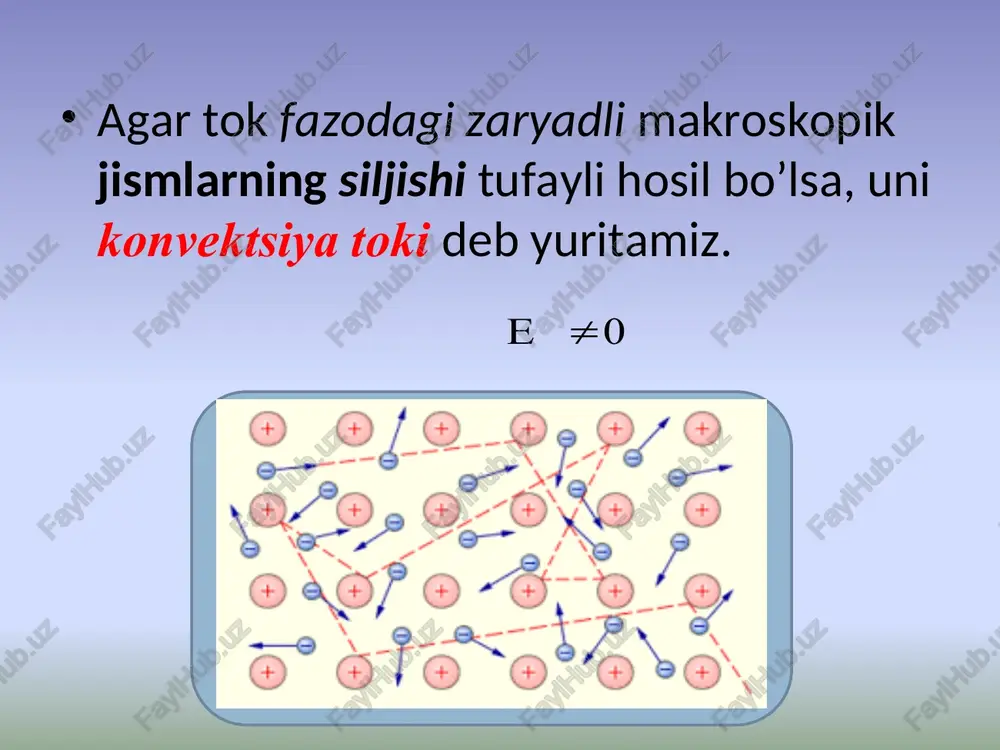 bundan esa quyidagi formulani hosil qilamiz: zanjirda elektrostatik kuchlarning bajargan ishi nolga teng. shu sababli: zanjirning biror chegaralangan qismida birlik musbat zaryadni ko’chirishda natijaviy maydon kuchlari tomonidan bajaradigan ishni aniqlovchi skalyar fizik kattalikni zanjirning shu qismidagi kuchlanishi deyiladi. agar zanjirning qaralayotgan qismida eyuk bo’lmasa: zanjirning tarmoqlangan qismi uchun kirxgoff qoidasi. zanjirning uch va undan ortiq tokli o’tkazgichlari uchrashadigan nuqtasi tugun deb ataladi. shartli ravishda tugunga keluvchi tokni musbat va undan chiquvchi tokni esa manfiy ishorali deb hisoblaymiz. tugunda uchrashuvchi toklarning algebraik yig’indisi nolga teng: masalan, rasmdagi hol uchun kirxgoff qonuni quyidagicha yoziladi: kirxgof qonunining kelib chiqishi kirxgofning birinchi qoidasi elektr zaryadlarining saqlanish qonunidan kelib chiqadi. kirxgofning ikkinchi qoidasi esa tarmoqlangan zanjir uchun umumlashgan om qonunidan kelab chiqadi. kirxgofning ikkinchi qoidasi zanjirning mos qismlariga om qonunini qo’llab, quyidagini hosil qilamiz: bunda esa: + _ + + _ _ tarmoqlangan elektr zanjirining tanlangan har qanday berk konturida mos qismlardagi tok kuchi va …