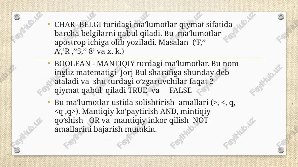 onlardan olinadi. misol: label 4, 5,25 konstantalar, o’zgarmaslar bo’limi. konstanta deganda u yoki bu toifadagi qiymatni tushunamiz, dastur ishlashi jarayonida bu qiymat o’’zgarmaydi shu sabab o’zgarmas deb ham yuritiladi. paskal tilida quyidagi konstanta qatori ko’rinishi ham bo’lishi mumkin: ::q misol ‘’informatika’’ konstantalar tavsiflarini hammasi konstantalar bo’limi tarkibida bo’lishi kerak. ::q iconst ; ; :: q q konstantalar bo’limi const xizmatchi so’z bilan boshlanadi va nuqta vergul (;) bilan tugaydi. misol: const aq25; bq4.5; kafq’’ informatika’’ toifalar bo’limi ::q i type ; ; avvalgi ma'ruzalardan bizga ma'lumki paskal tilda 4 standart toifadagi qiymatlari bor bo’ladi.: integeral (butun), real (xaqiqiy), char ( matnli), boolean (mantiqiy). bu toifadagi qiymatlar bilan bir qatorda paskal tilida boshqa toifadagi qiymatlarini ham ishlatish mumkun. lekin standart toifalardan farqli ravishda boshqa toifalar dasturda aniq tavsiflanishi kerak. bu tavsiflanishni quydagilarda ko’rishimiz mumkin: ::q q ::q g` 2 metaformulani ma'nosi shundayki toifani tavsifida komponentasi sifatida standart toifa nomi ham bo’lishi …